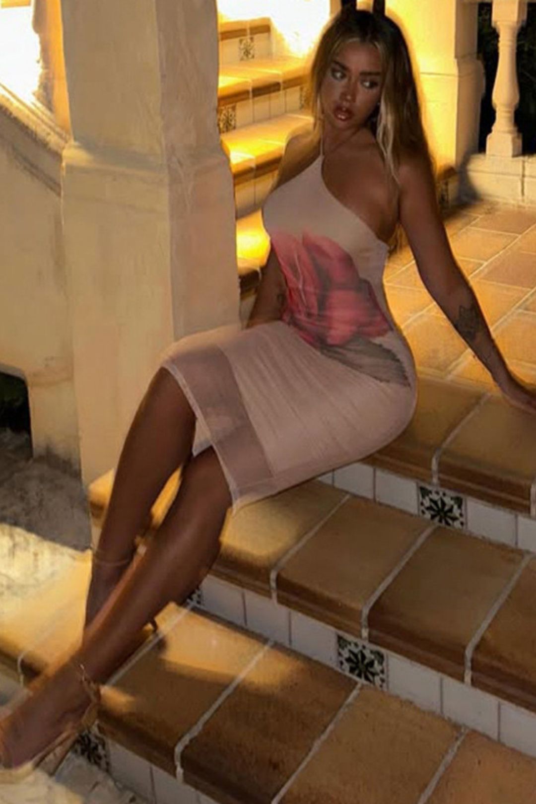 Slim-fitting Halter Neck Floral Print Sexy Mesh See-through Dress