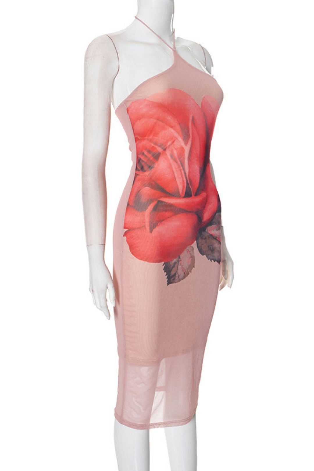 Slim-fitting Halter Neck Floral Print Sexy Mesh See-through Dress