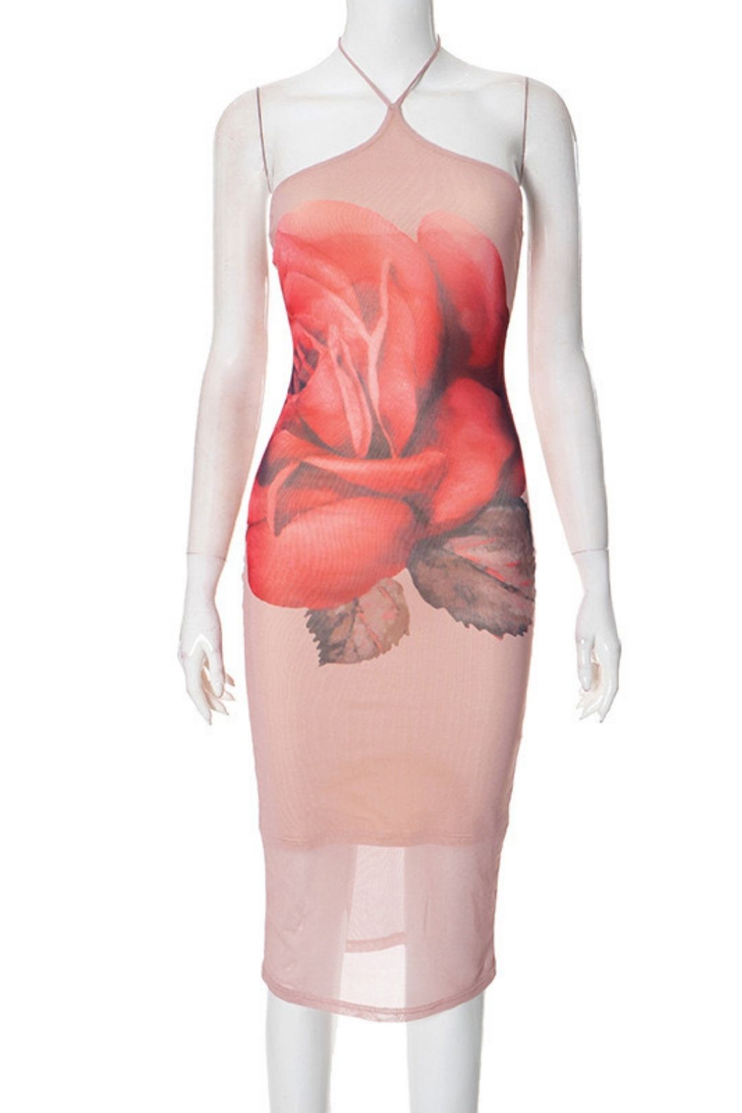 Slim-fitting Halter Neck Floral Print Sexy Mesh See-through Dress