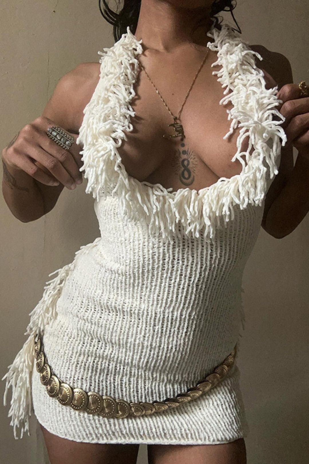 Short Skirt Cross-border Sexy Backless Lace-up Halter Neck Tassel Knitted Dress