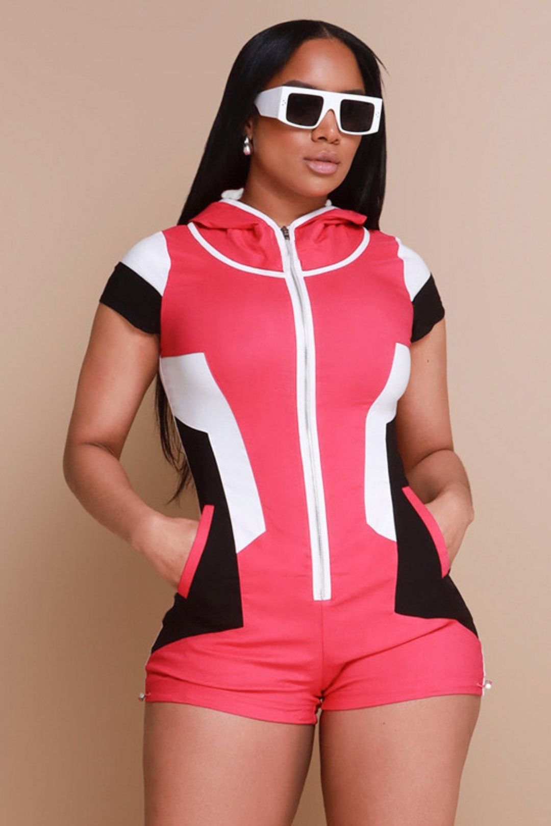 Short-sleeved Fashion Zipper Hooded Hip-wrapped Short Jumpsuit