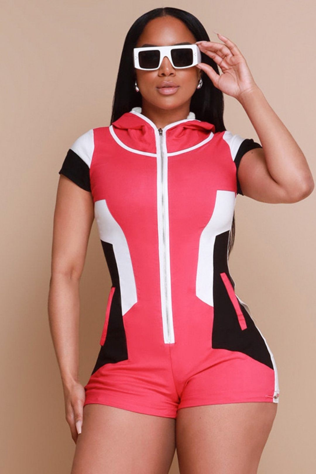 Short-sleeved Fashion Zipper Hooded Hip-wrapped Short Jumpsuit