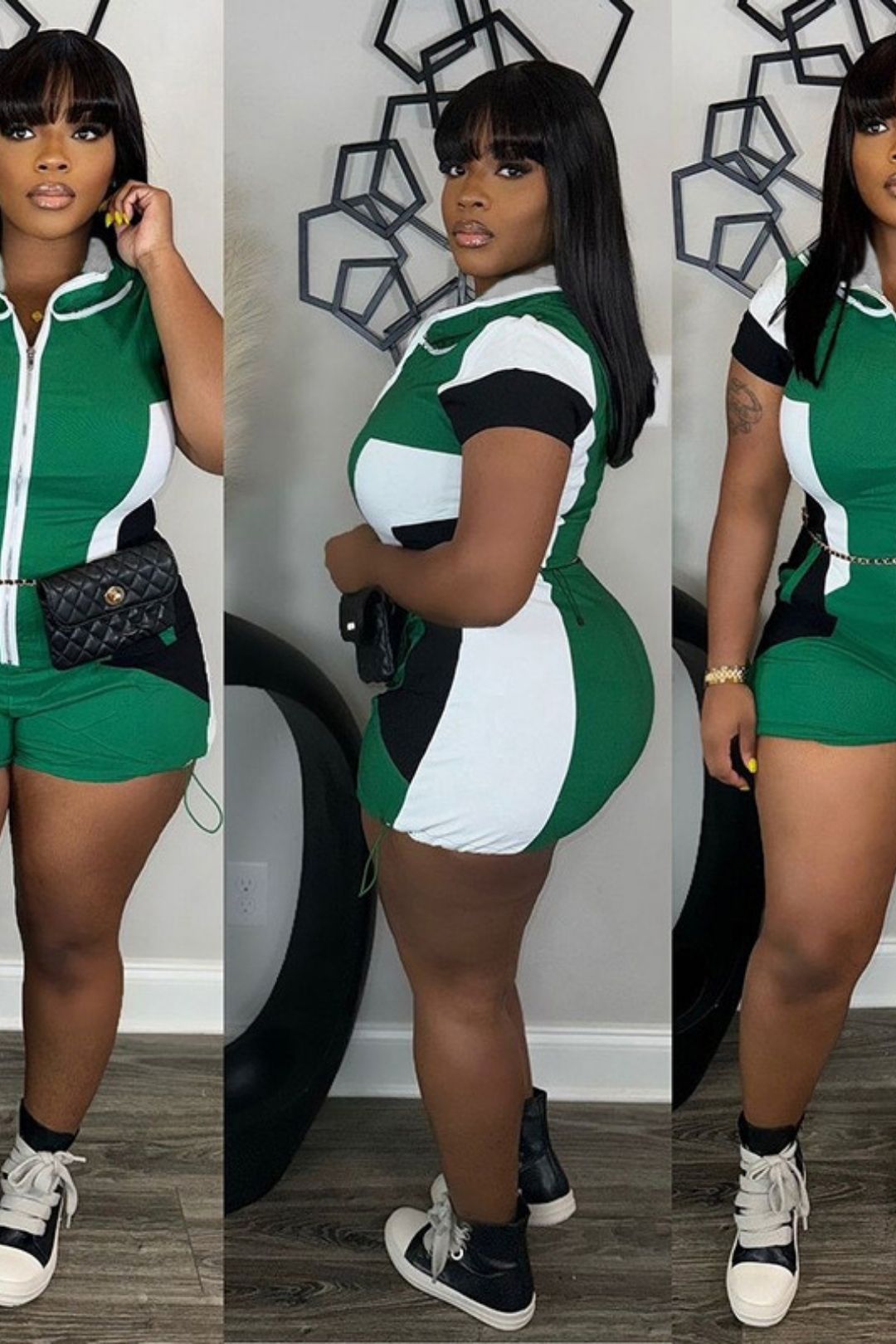 Short-sleeved Fashion Zipper Hooded Hip-wrapped Short Jumpsuit