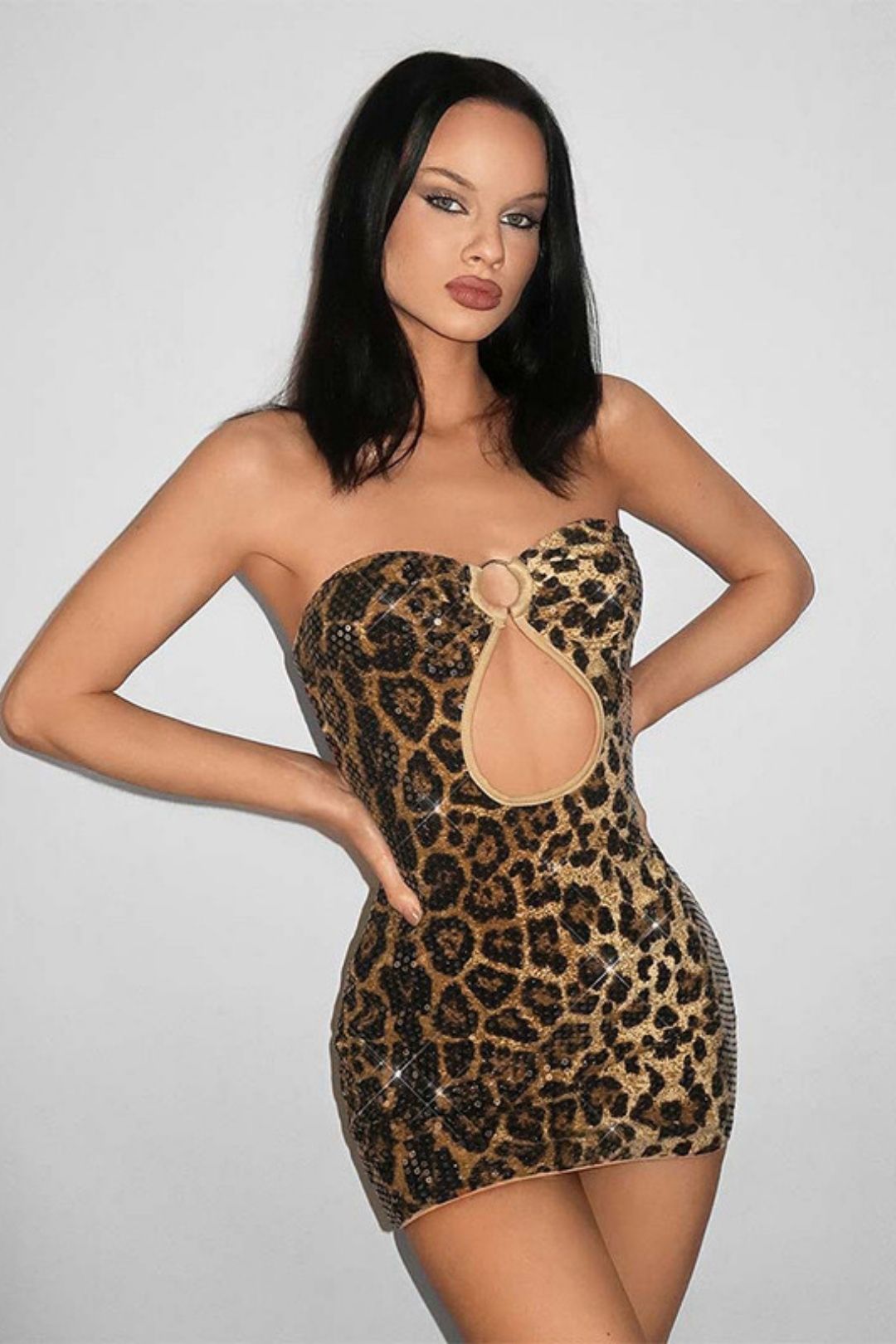 Leopard Print Sequins Sexy Slim Fit Tube Top Short Skirt Backless Dress