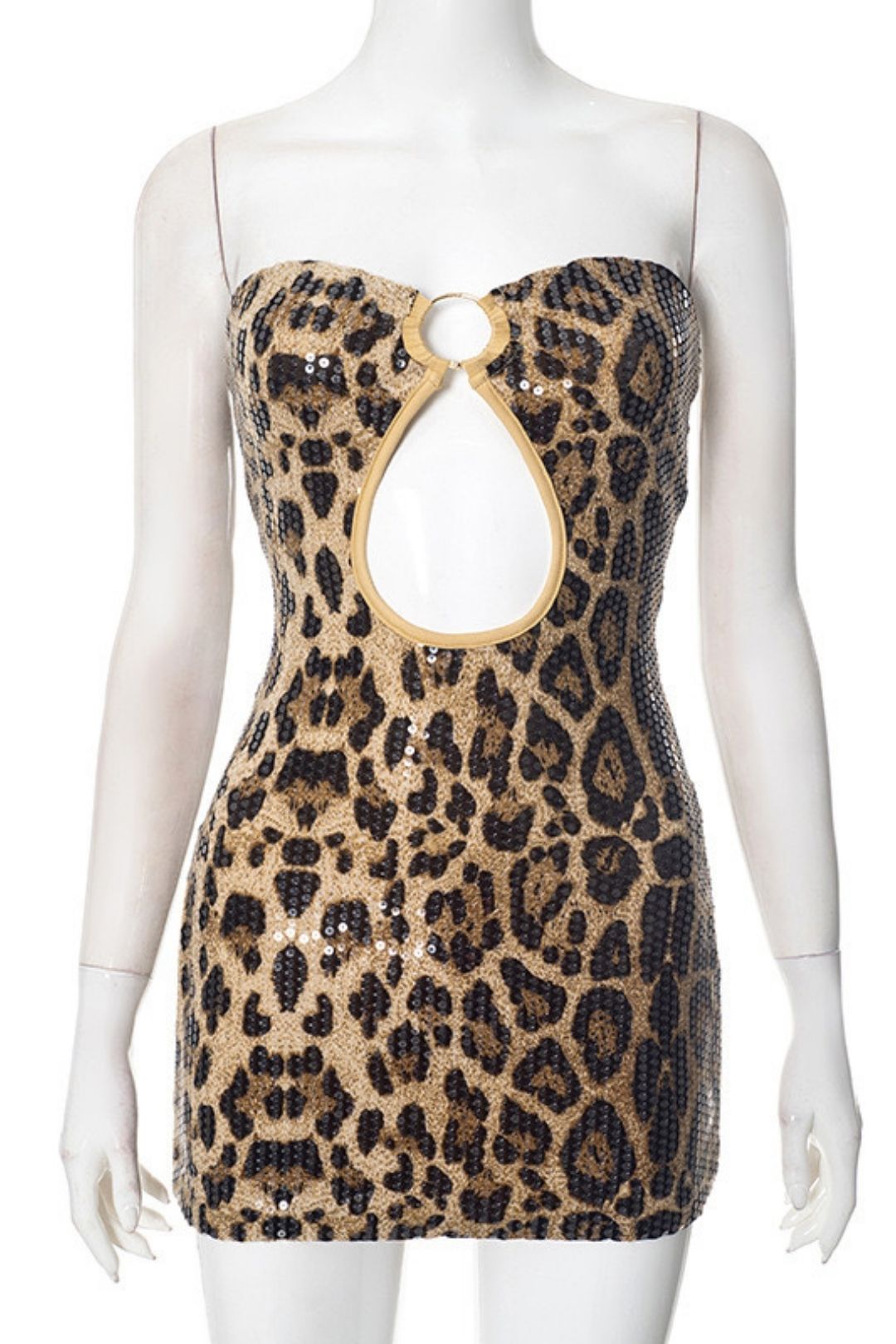 Leopard Print Sequins Sexy Slim Fit Tube Top Short Skirt Backless Dress