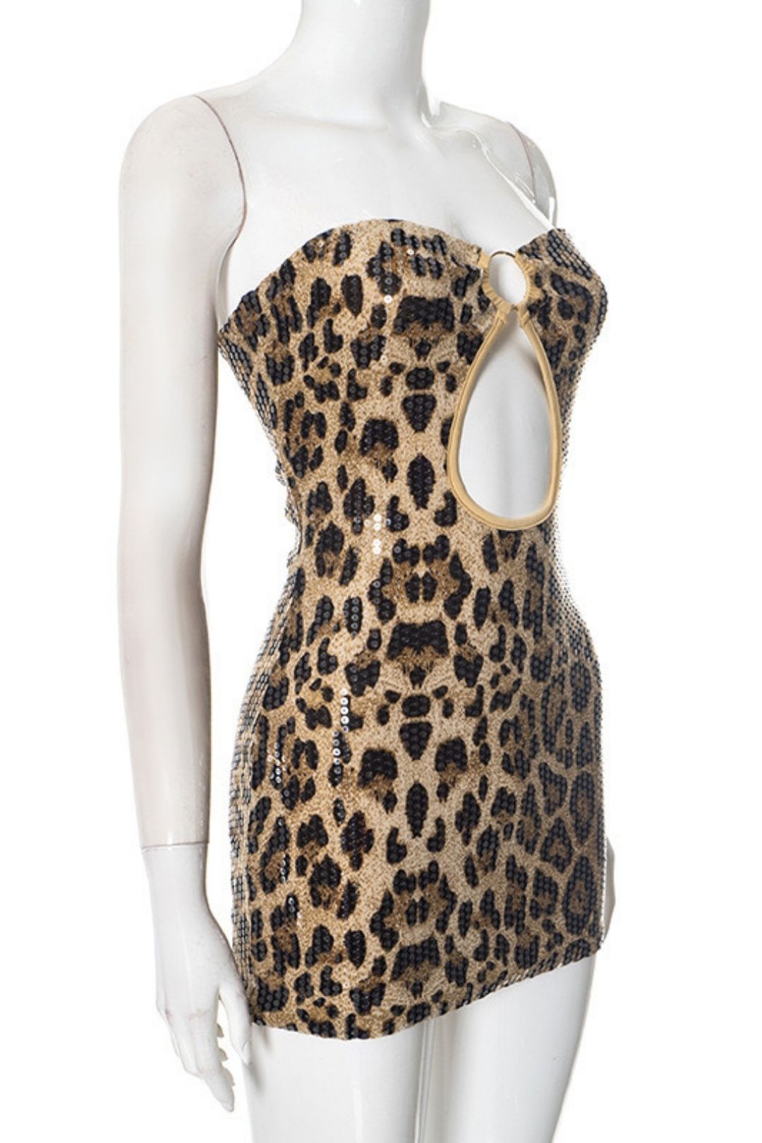 Leopard Print Sequins Sexy Slim Fit Tube Top Short Skirt Backless Dress