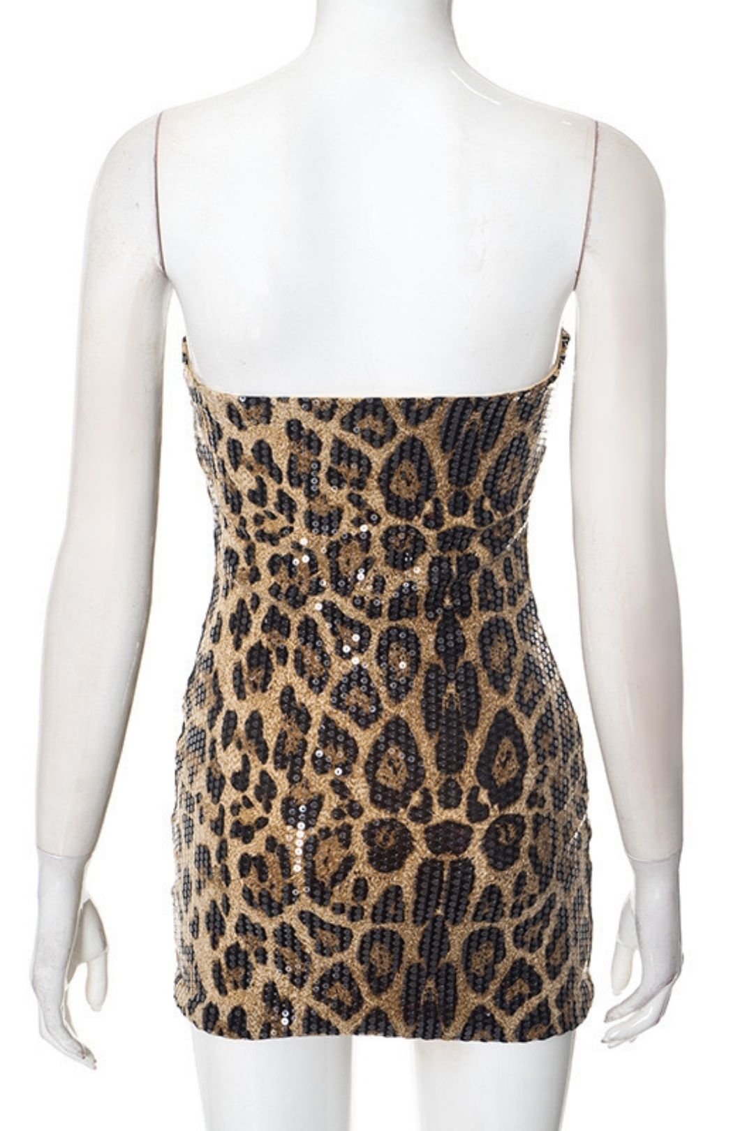 Leopard Print Sequins Sexy Slim Fit Tube Top Short Skirt Backless Dress