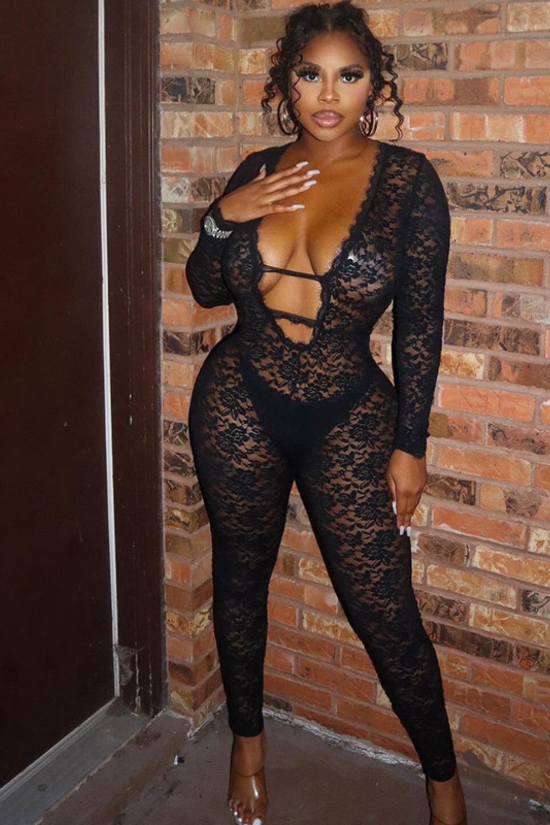 New Lace Perspective Zipper Sexy Hot Girl Nightclub Jumpsuit