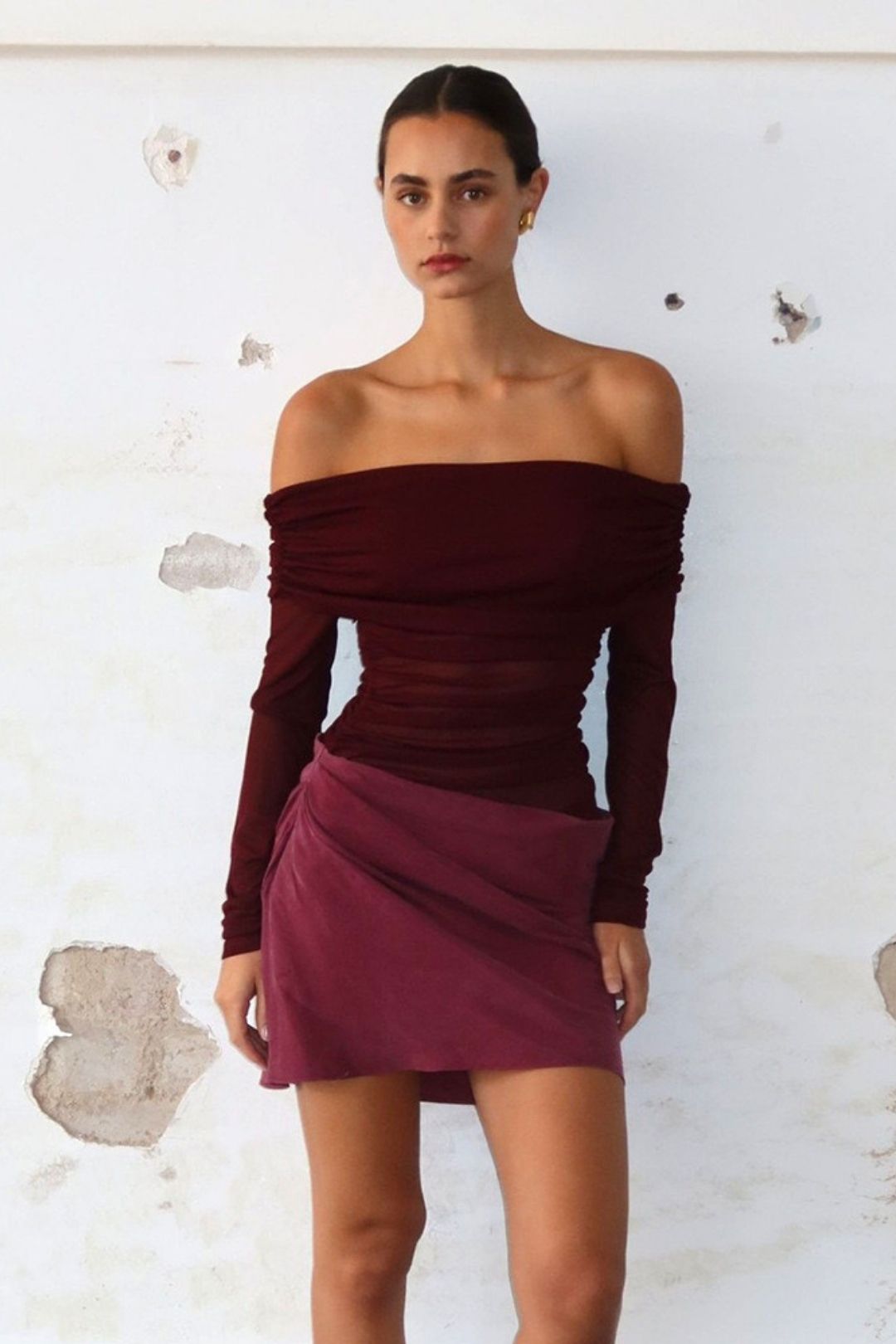 Pleated Splicing Long Sleeve One-shoulder Dress