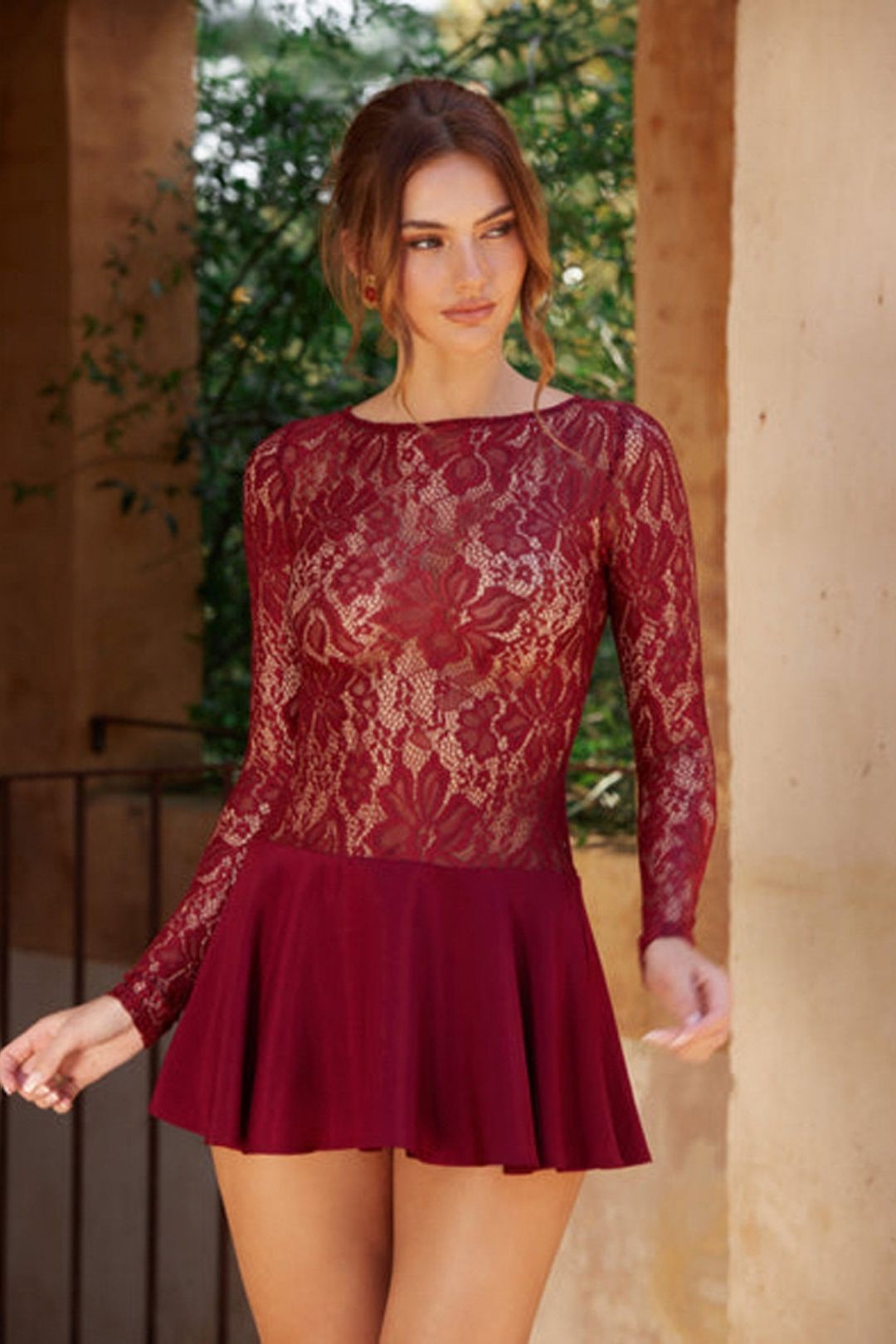 Summer New Lace Short Skirt Round Neck Hollow Slim Stitching Ruffle Long Sleeve Dress