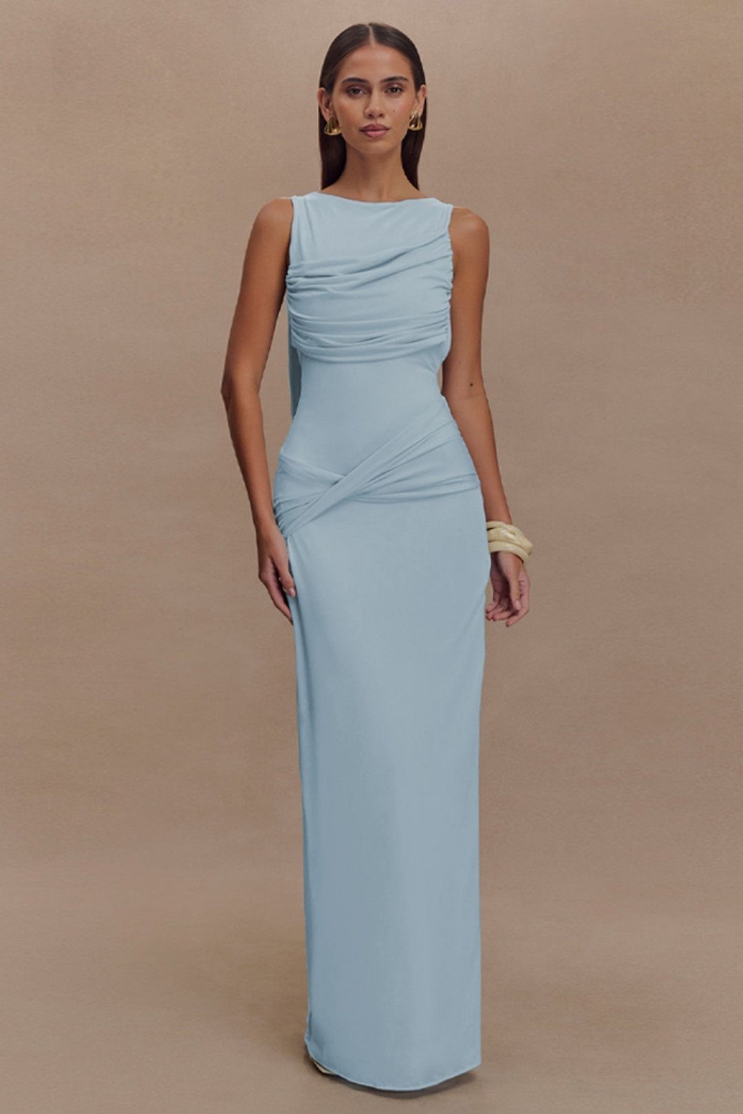 Round Neck Backless Dress Fashion Sleeveless Pleated Slit Slim Dress