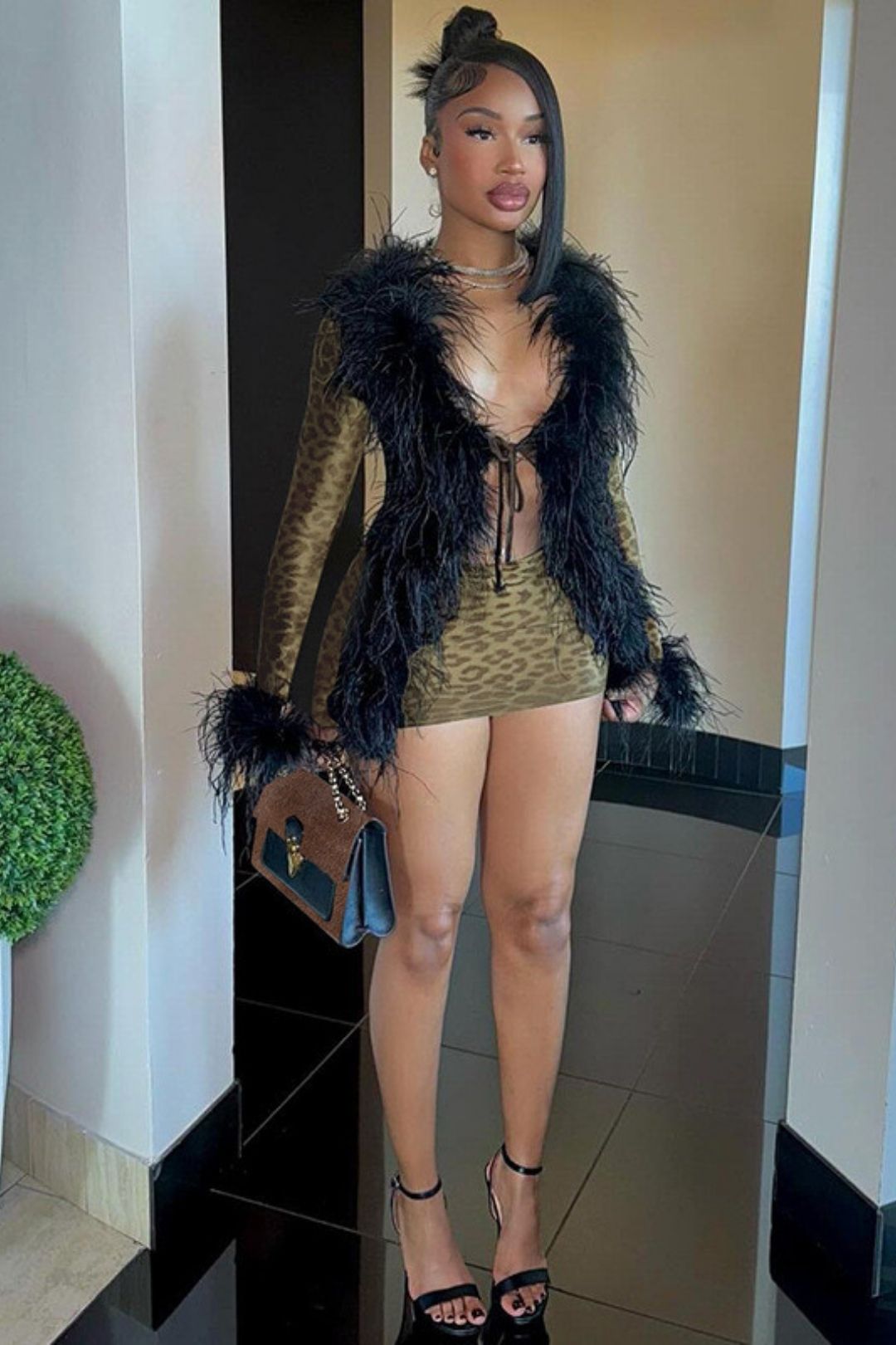 Sexy Hollow Leopard Print Lace Up Fur Collar Hip Long Sleeve Dress