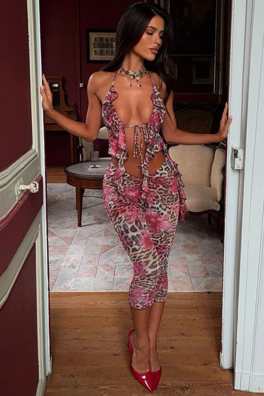 Sexy Mesh Halter Neck Camisole Slim Fit Printed Tights Set