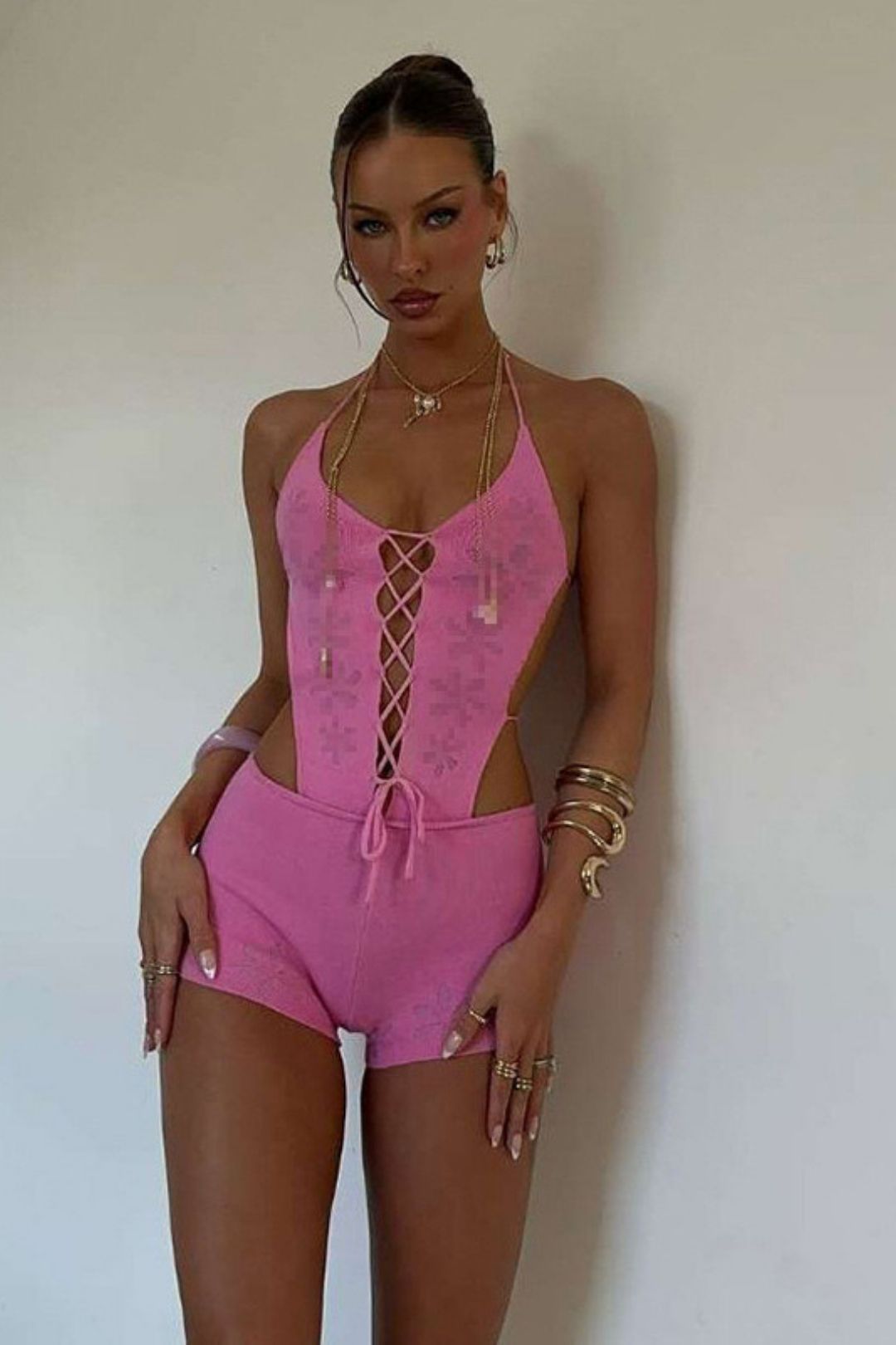 Knitted Sexy Hollow Solid Color Halter Neck Strap Backless Jumpsuit Shorts