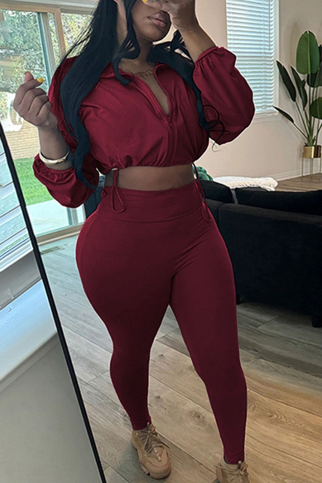 Sexy Drawstring Waist Belly-baring Top High Waist Tight Pants Suit
