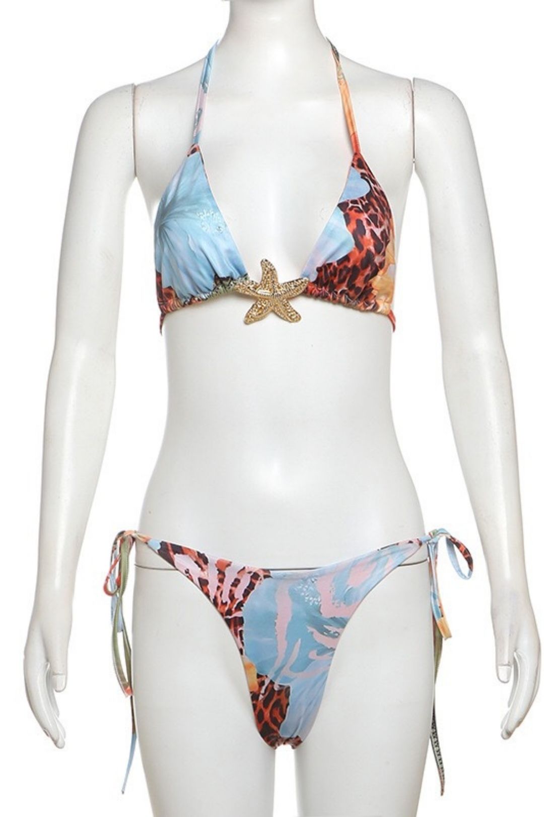 Sexy Navel-baring Lace-up Fashion Printed Bikini Three-piece Suit