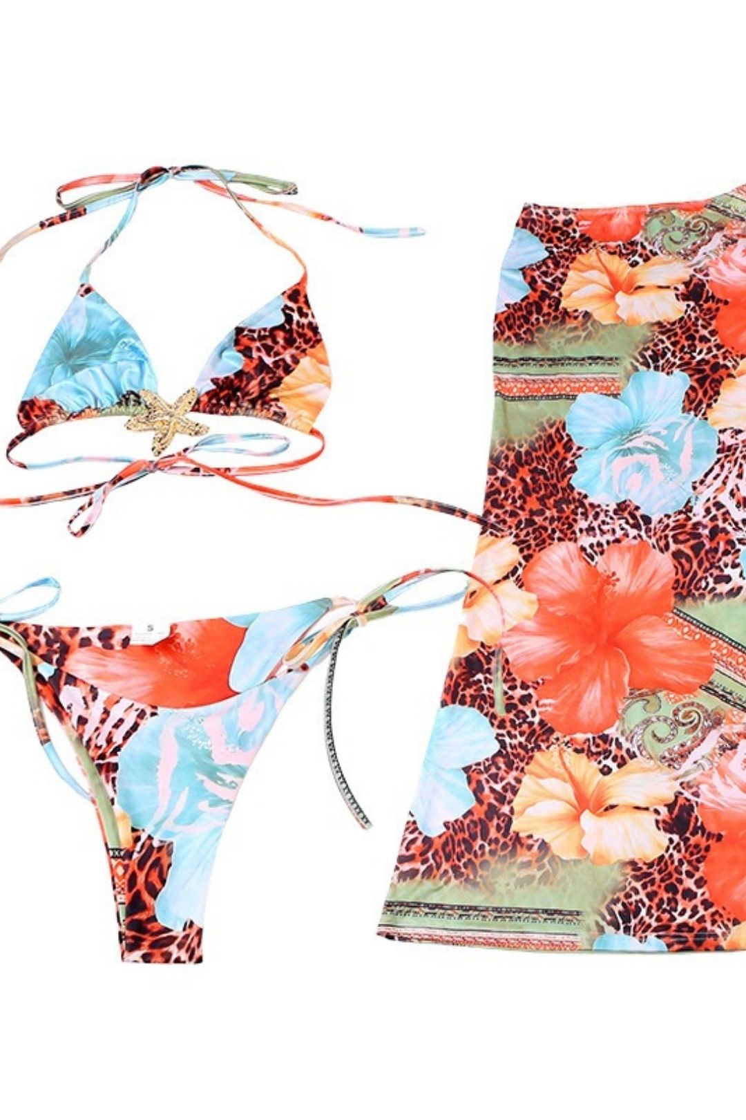 Sexy Navel-baring Lace-up Fashion Printed Bikini Three-piece Suit