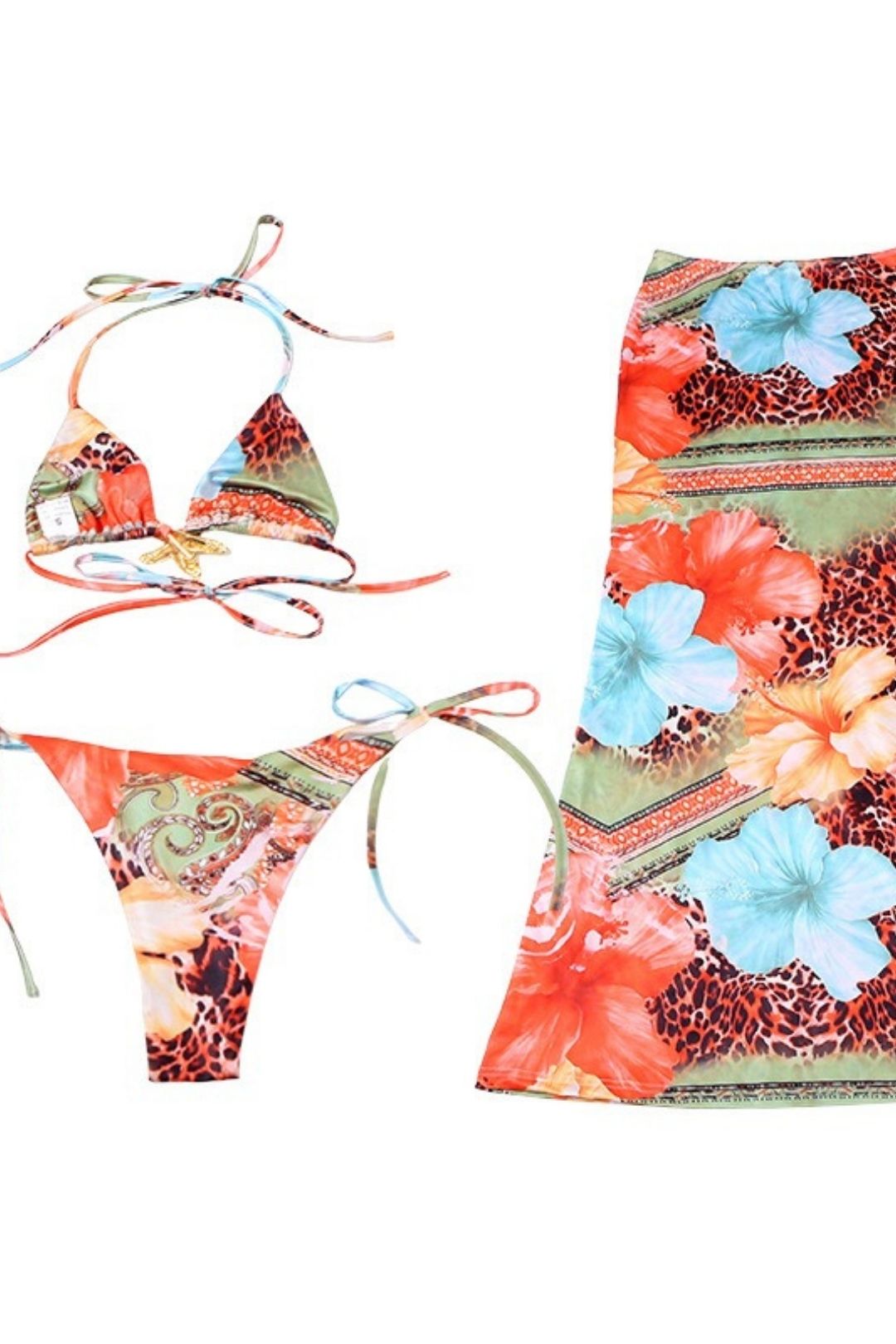 Sexy Navel-baring Lace-up Fashion Printed Bikini Three-piece Suit