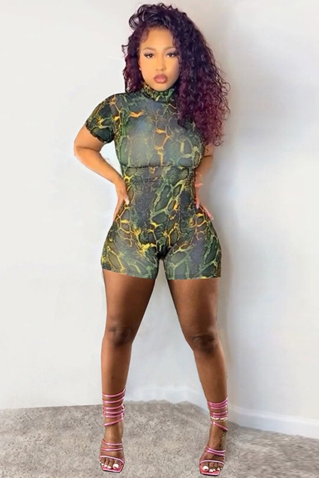 Sexy Tight Backless Half-high Collar Printed Hip-lifting Shorts Jumpsuit