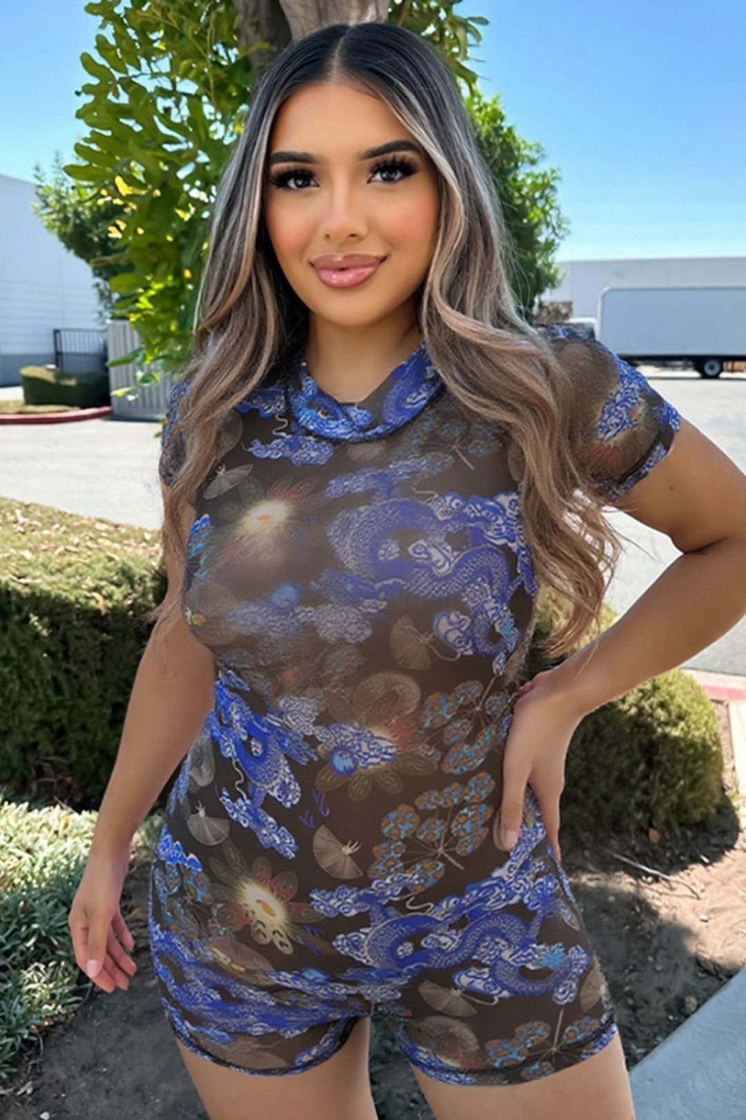 Sexy Tight Backless Half-high Collar Printed Hip-lifting Shorts Jumpsuit