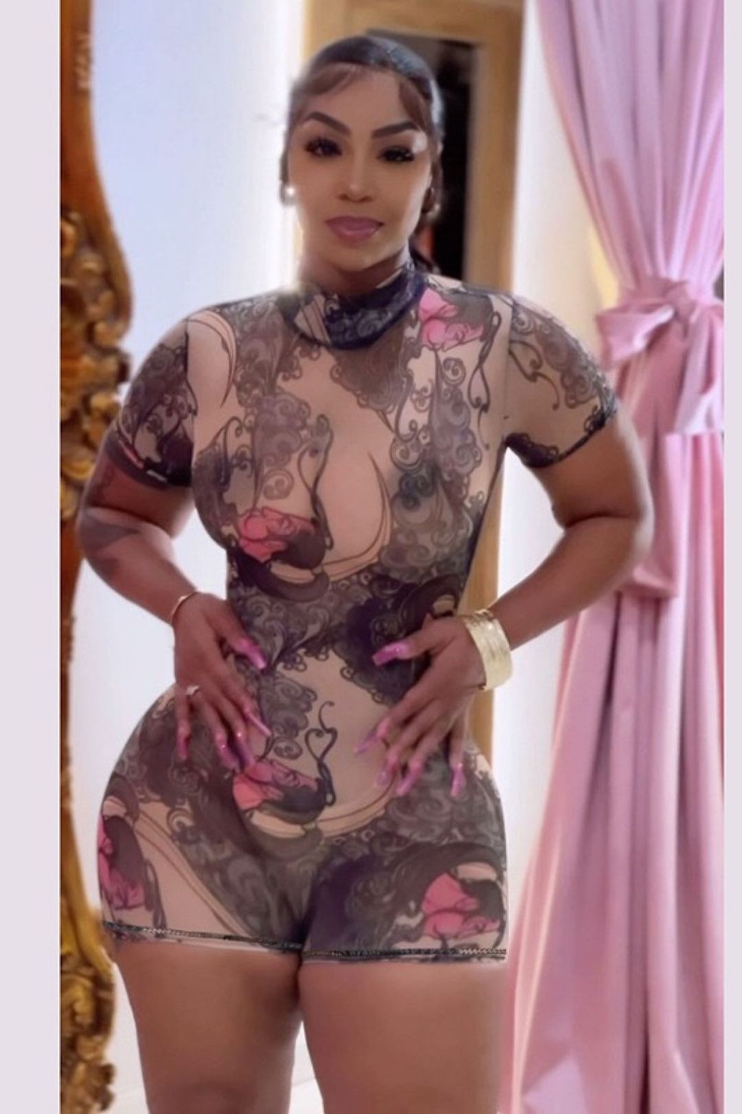 Sexy Tight Backless Half-high Collar Printed Hip-lifting Shorts Jumpsuit