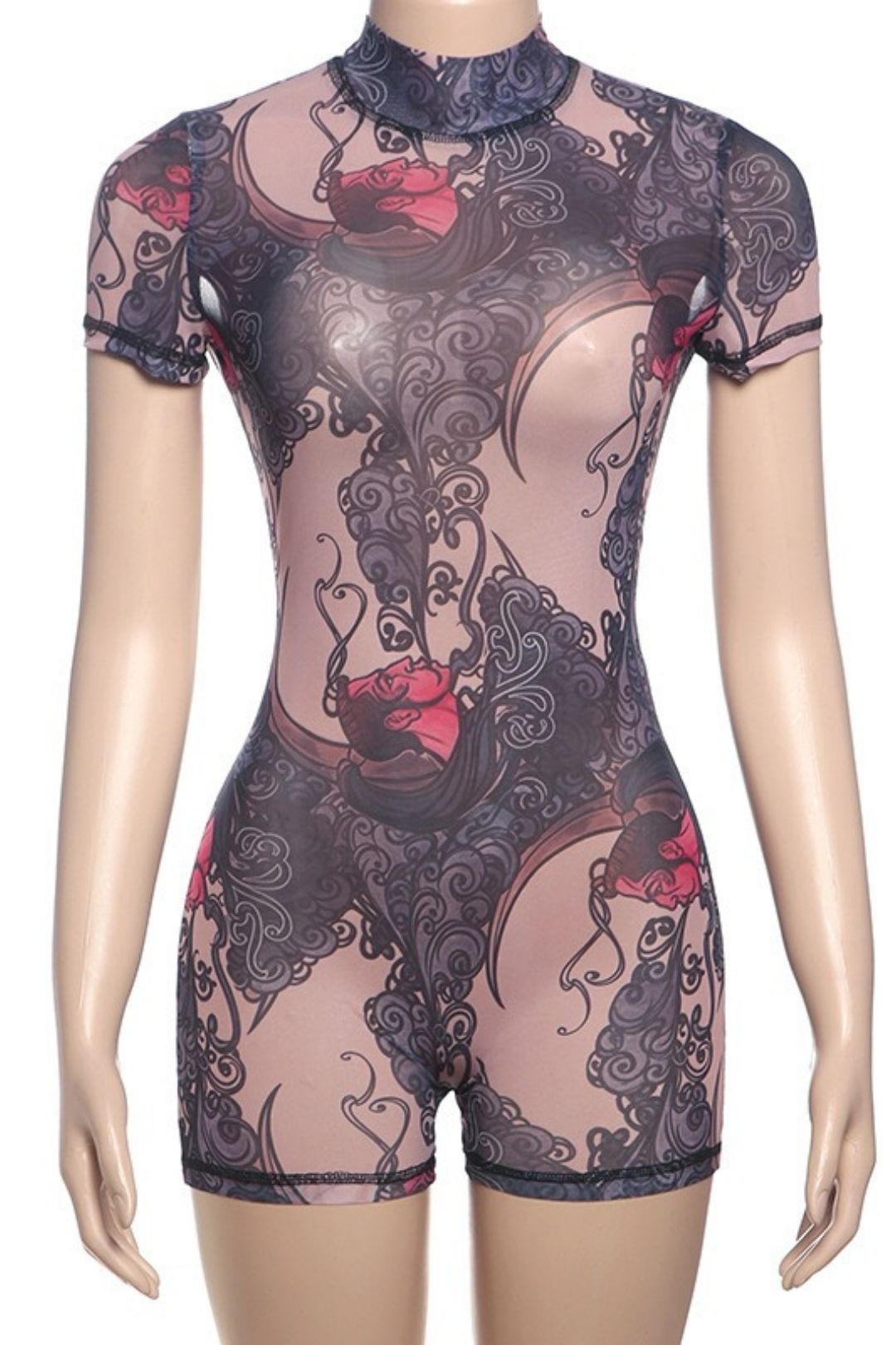 Sexy Tight Backless Half-high Collar Printed Hip-lifting Shorts Jumpsuit