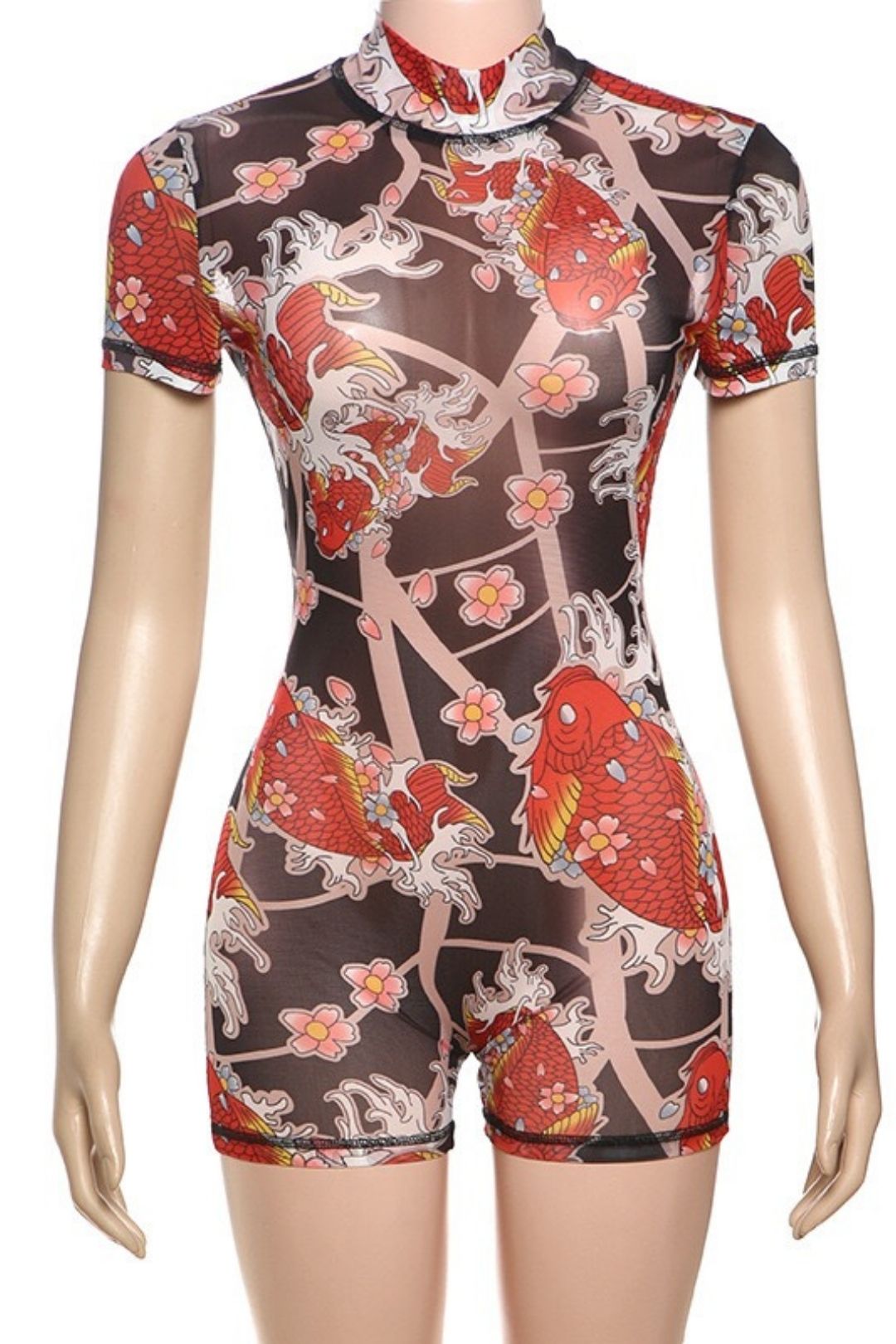 Sexy Tight Backless Half-high Collar Printed Hip-lifting Shorts Jumpsuit