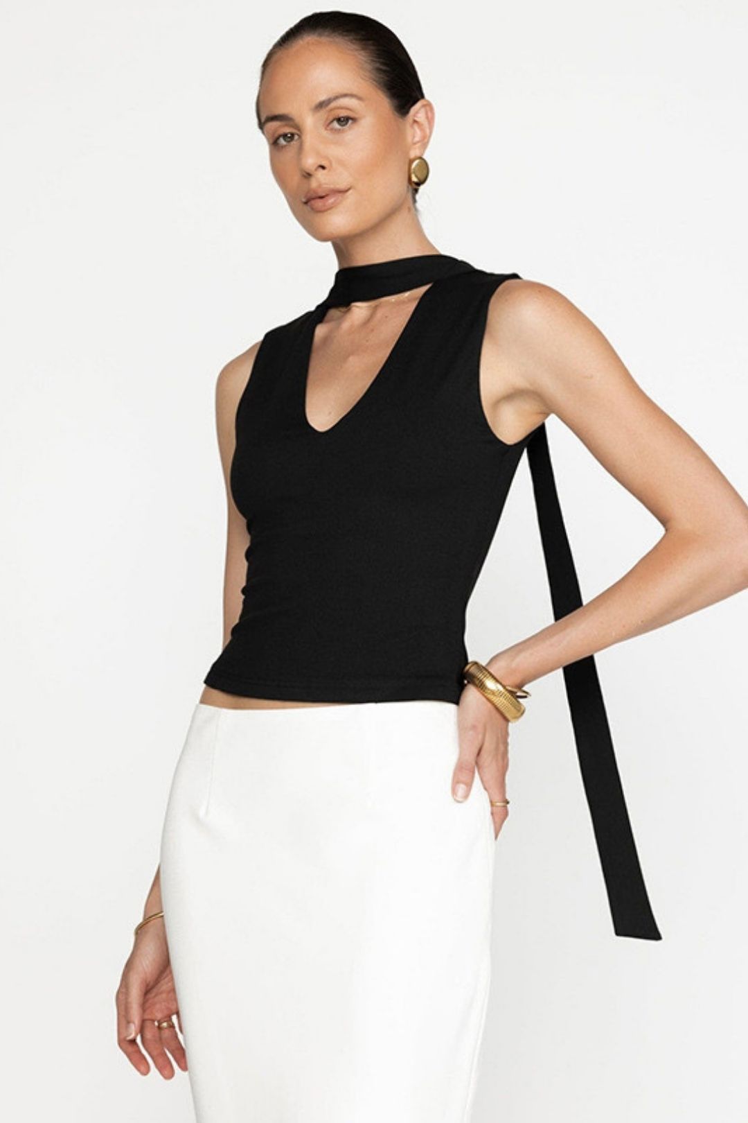 Solid Color Sleeveless V-neck Ribbon Sexy T-shirt Top