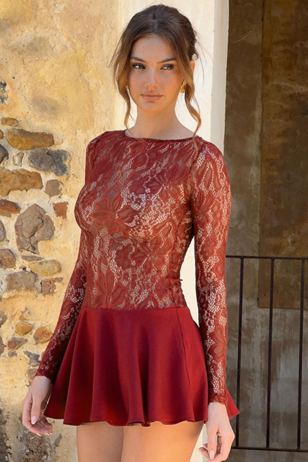 Round Neck Lace Splicing Button Pleated Short Dress