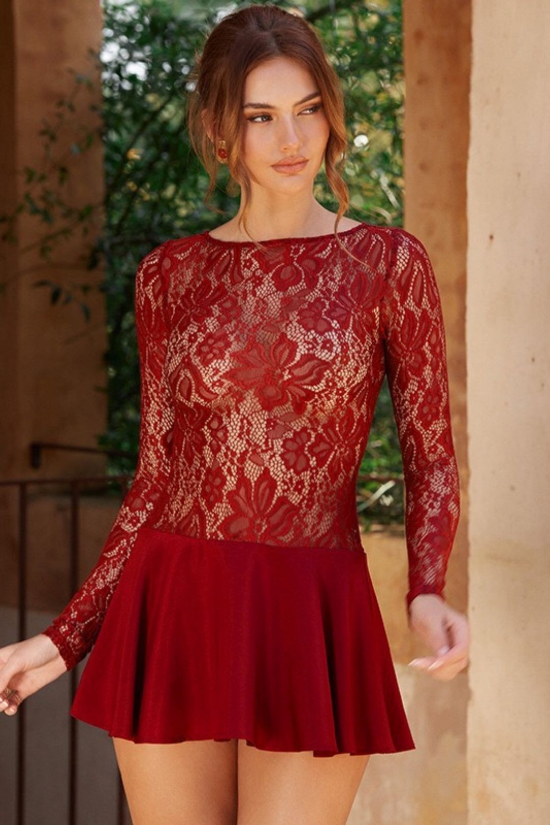 Round Neck Lace Splicing Button Pleated Short Dress