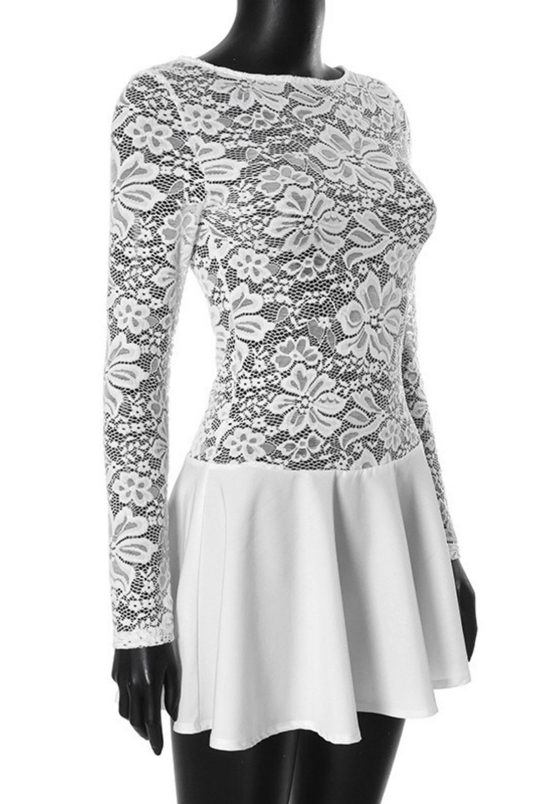 Round Neck Lace Splicing Button Pleated Short Dress