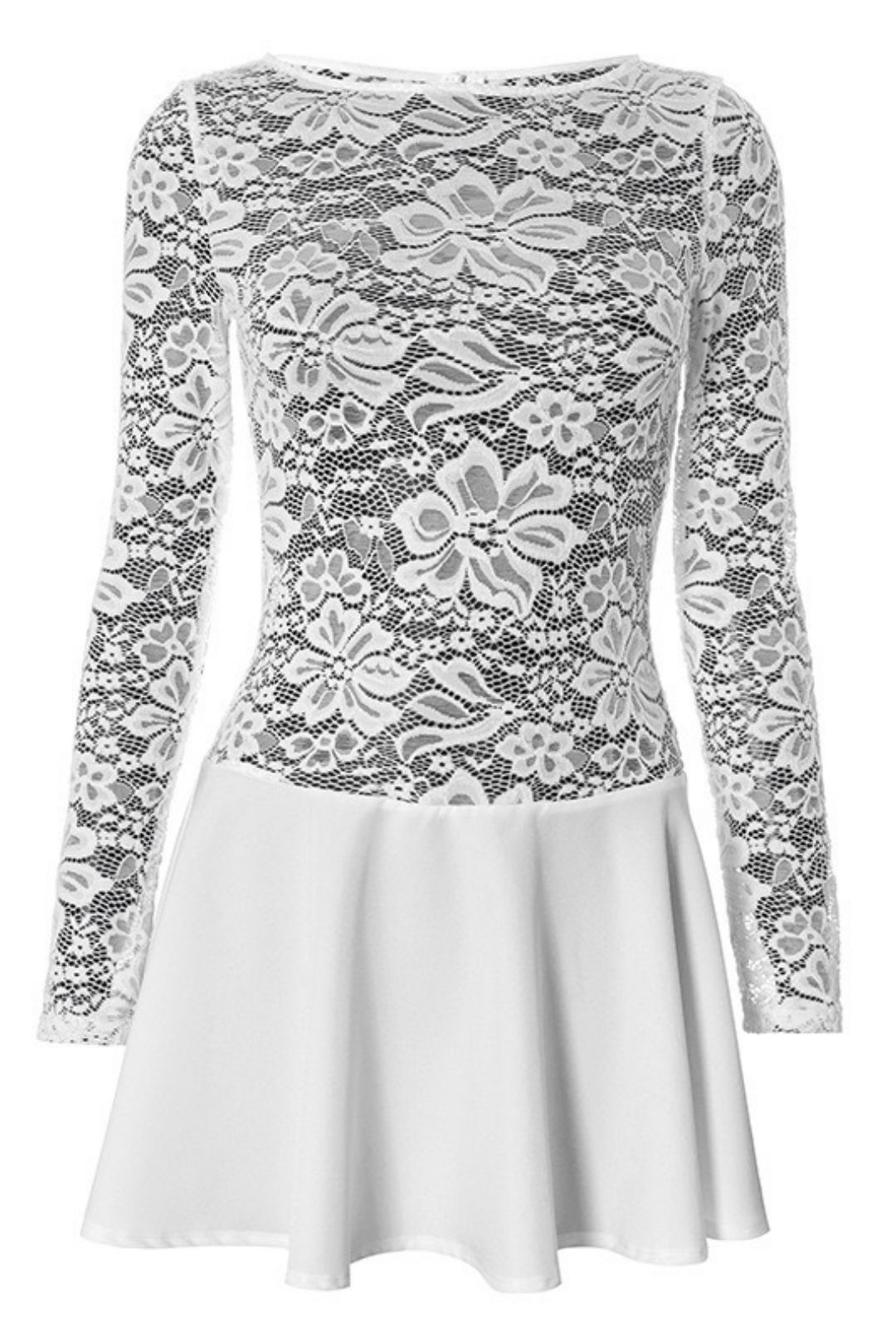 Round Neck Lace Splicing Button Pleated Short Dress