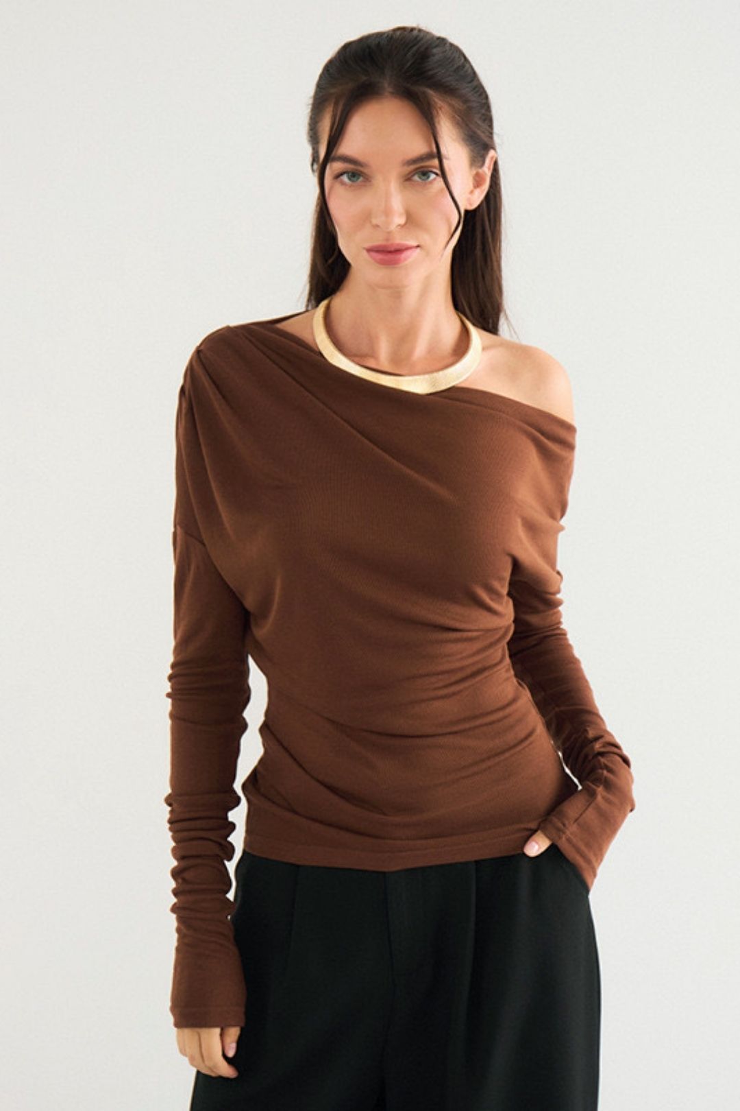 Sexy Oblique Collar Off-shoulder Pleated Waist Solid Color Short Top T-shirt