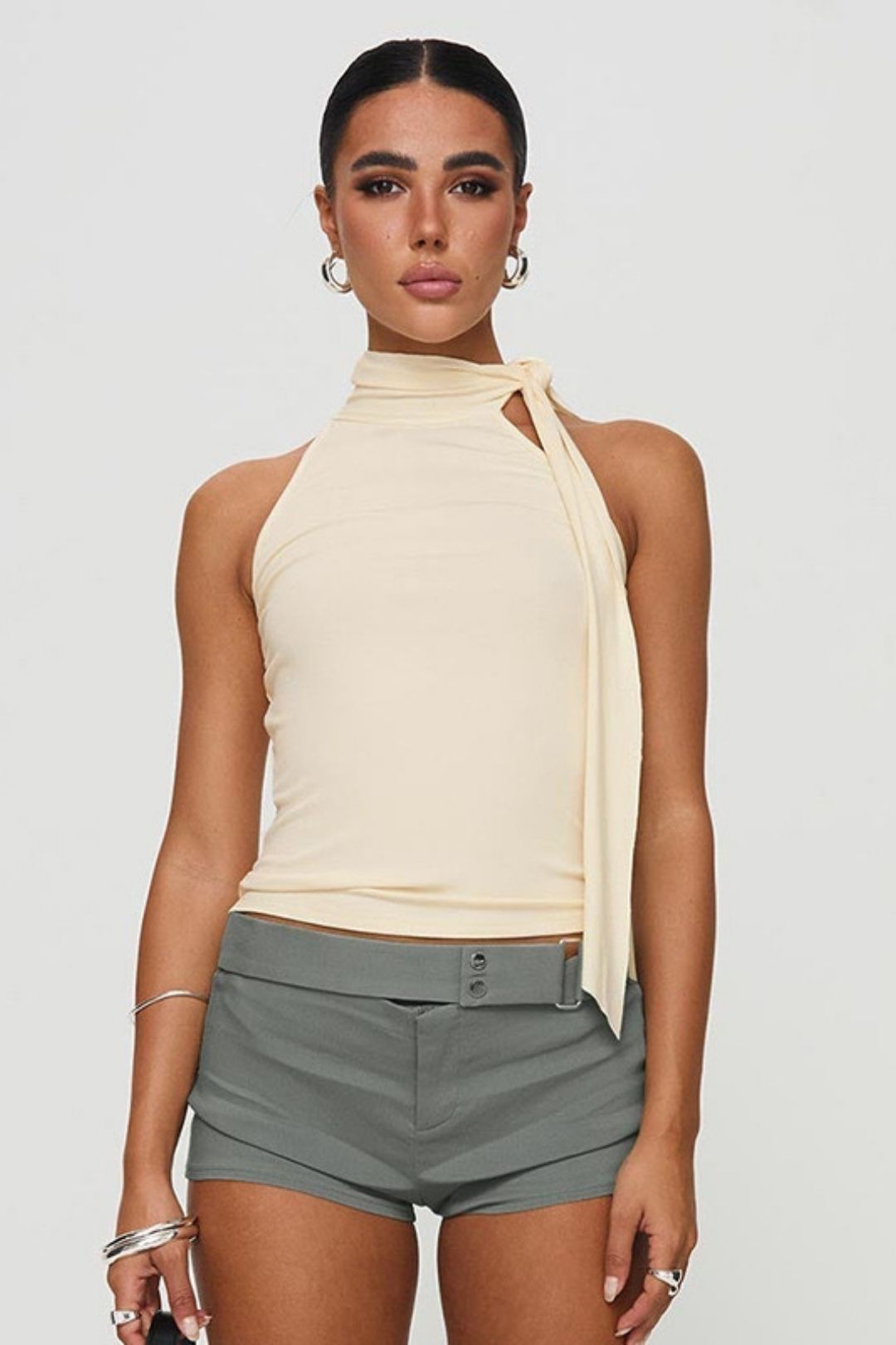 Solid Color Sleeveless High Collar Knotted Ribbon T-shirt Tops