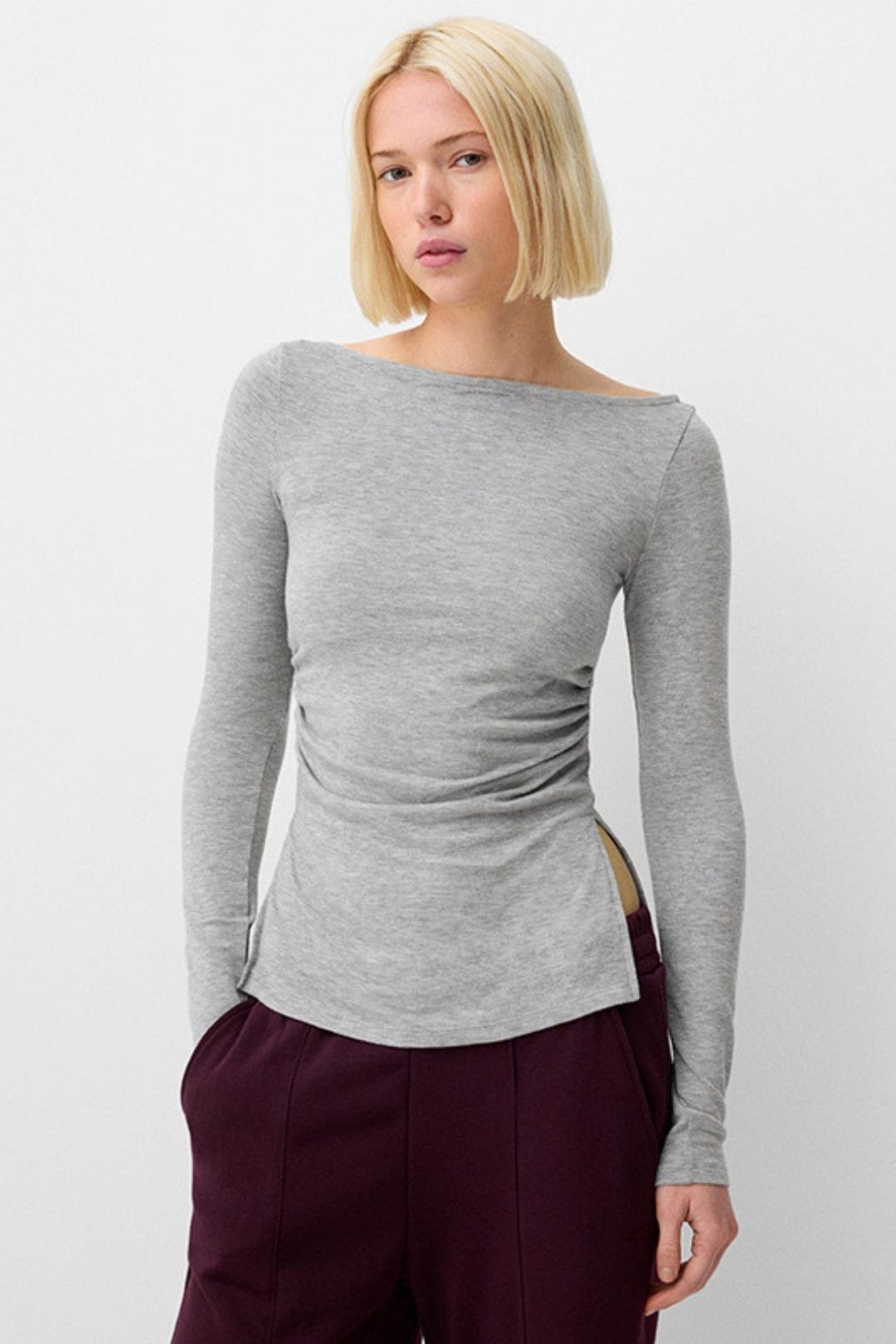Winter One-shoulder Pleated Waist Slit Solid Color Pullover Top T-shirt