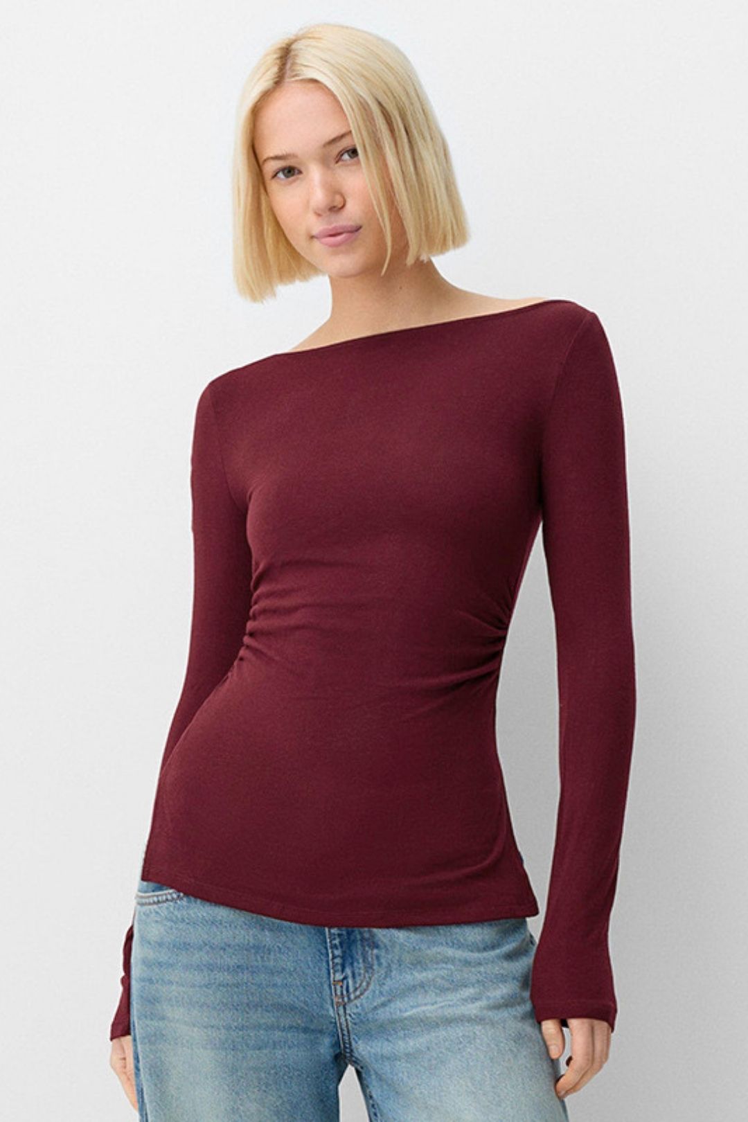 Winter One-shoulder Pleated Waist Slit Solid Color Pullover Top T-shirt