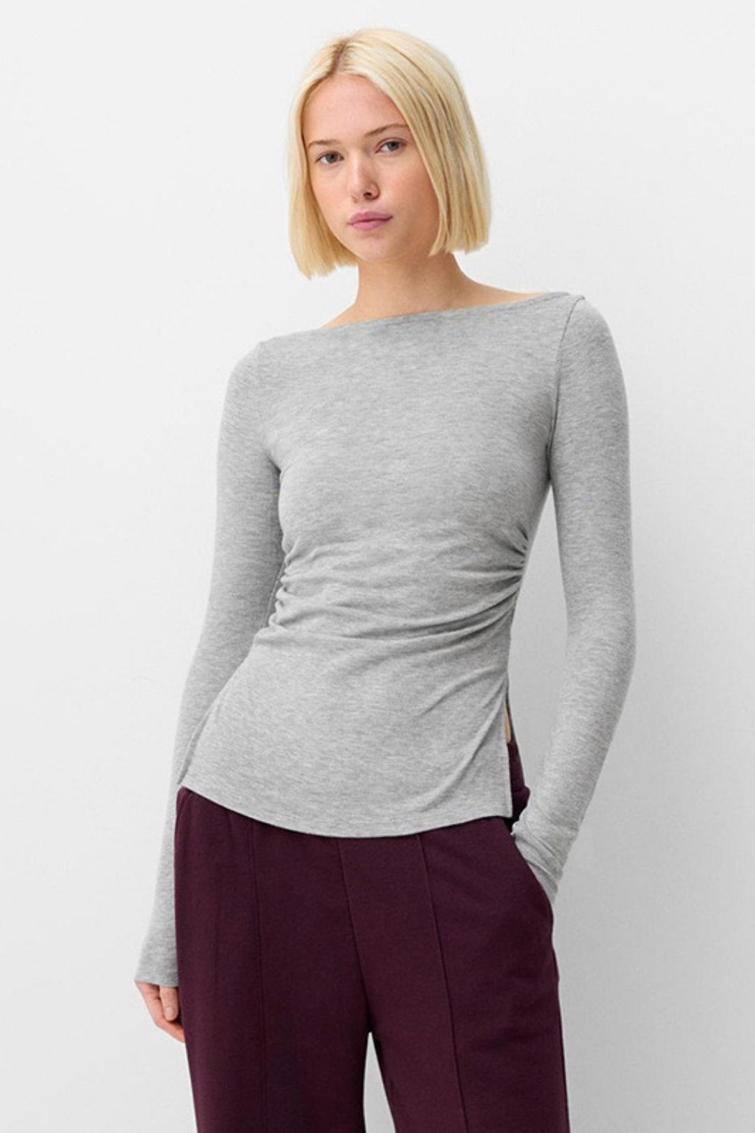 Winter One-shoulder Pleated Waist Slit Solid Color Pullover Top T-shirt