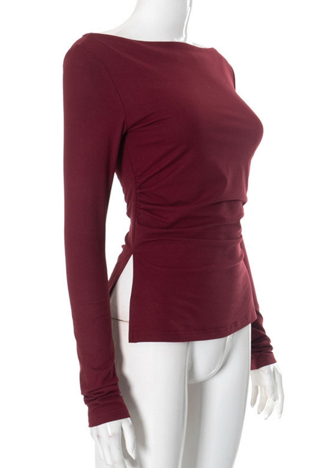 Winter One-shoulder Pleated Waist Slit Solid Color Pullover Top T-shirt