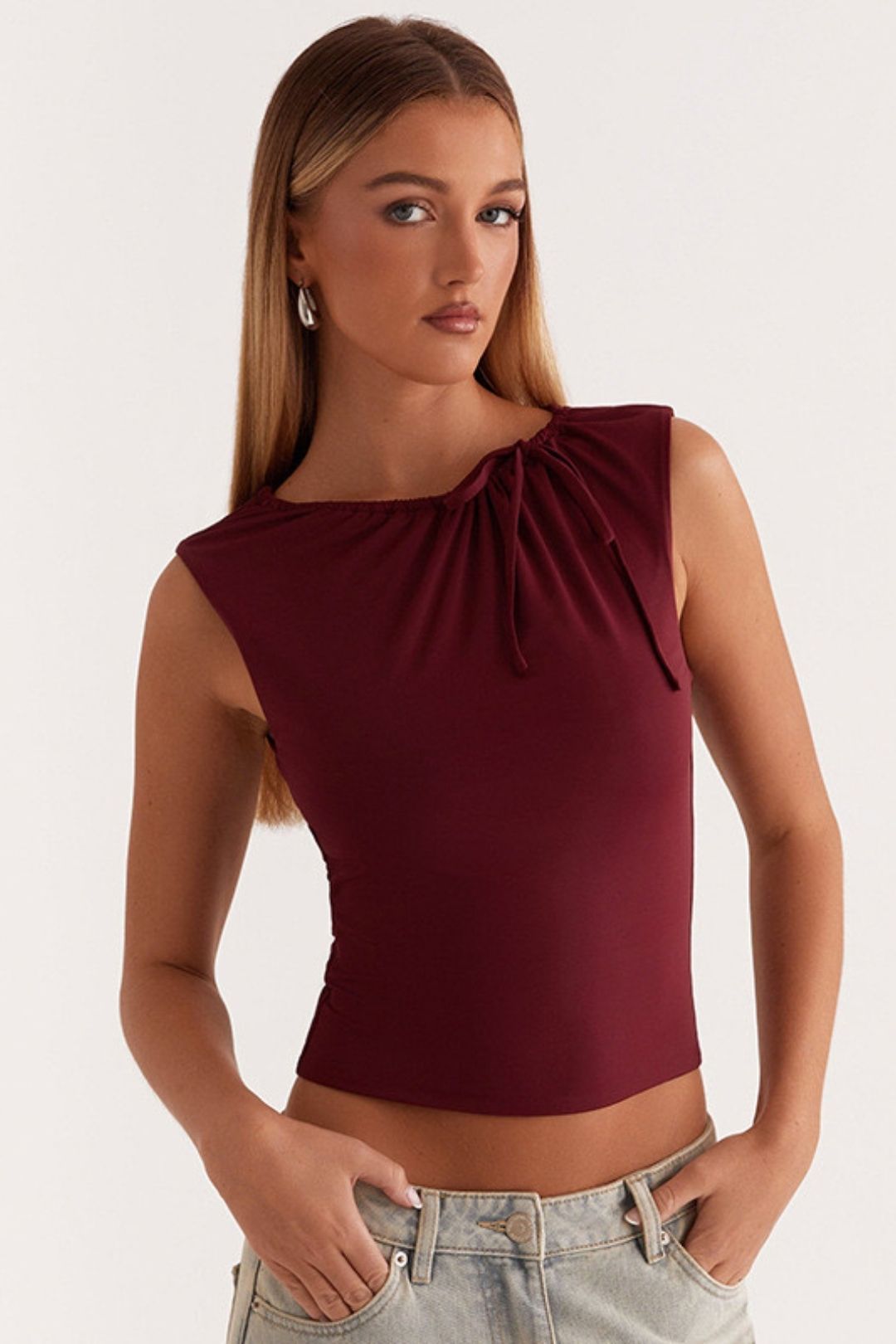Winter Round Neck Pullover Solid Color Pleated Drawstring Tie Belly Button Top T-shirt