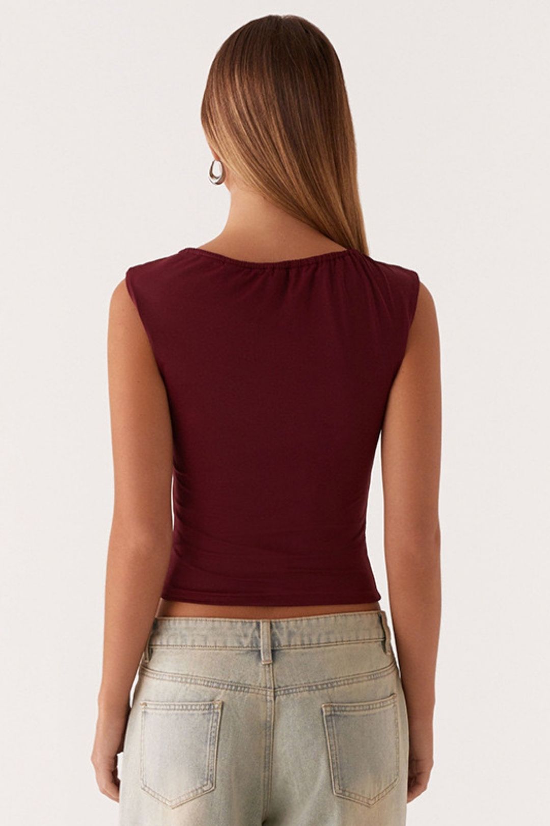 Winter Round Neck Pullover Solid Color Pleated Drawstring Tie Belly Button Top T-shirt