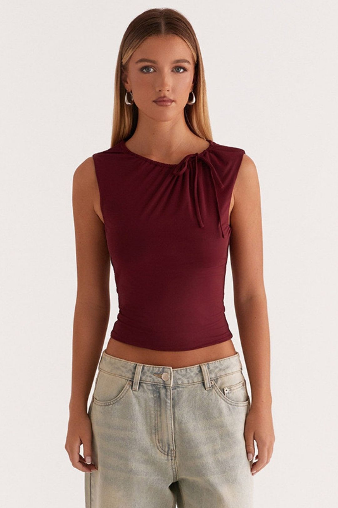 Winter Round Neck Pullover Solid Color Pleated Drawstring Tie Belly Button Top T-shirt