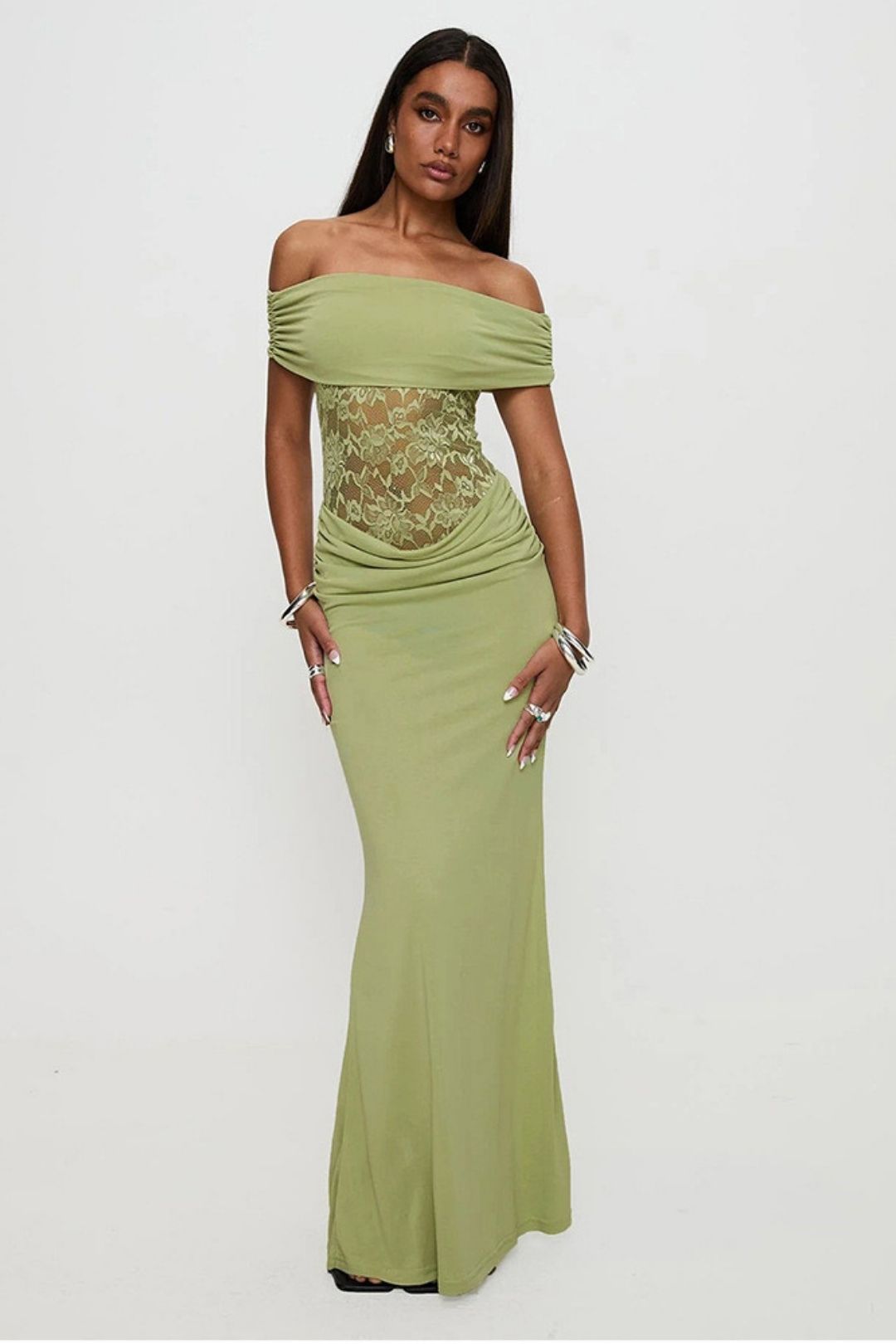 One-shoulder Solid Color Splicing Lace Slim Hip-wrapped Long Dress