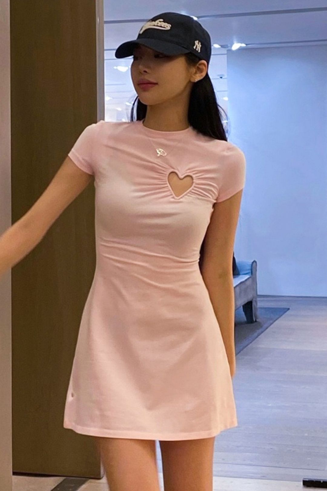 Solid Color Irregular Pleated Waist Love Hollow Round Neck Dress