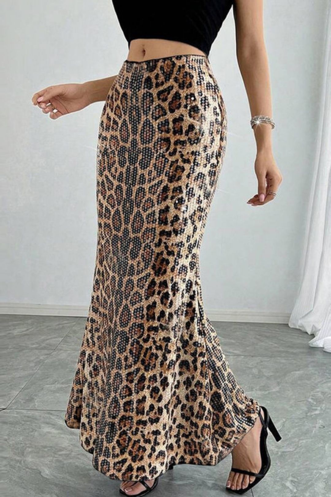 Leopard Print Sequins Stitching Double Layer Lining Elastic Skirt