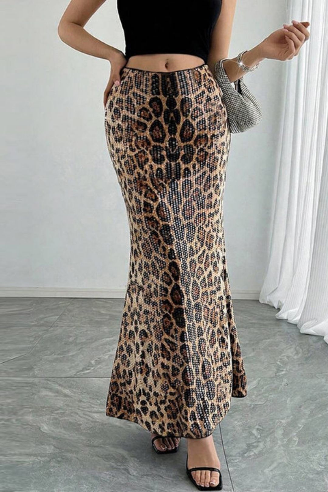 Leopard Print Sequins Stitching Double Layer Lining Elastic Skirt
