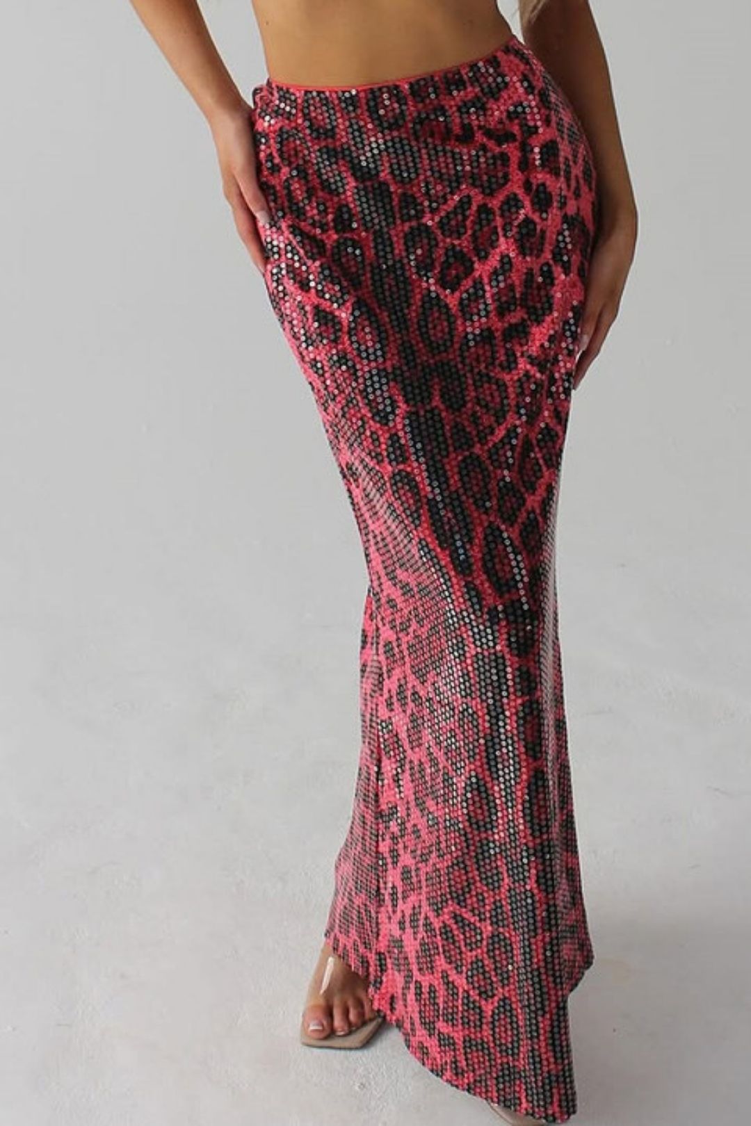 Leopard Print Sequins Stitching Double Layer Lining Elastic Skirt