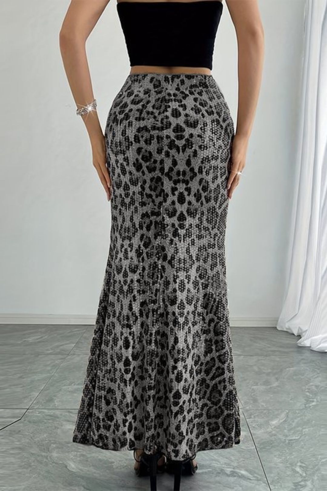 Leopard Print Sequins Stitching Double Layer Lining Elastic Skirt