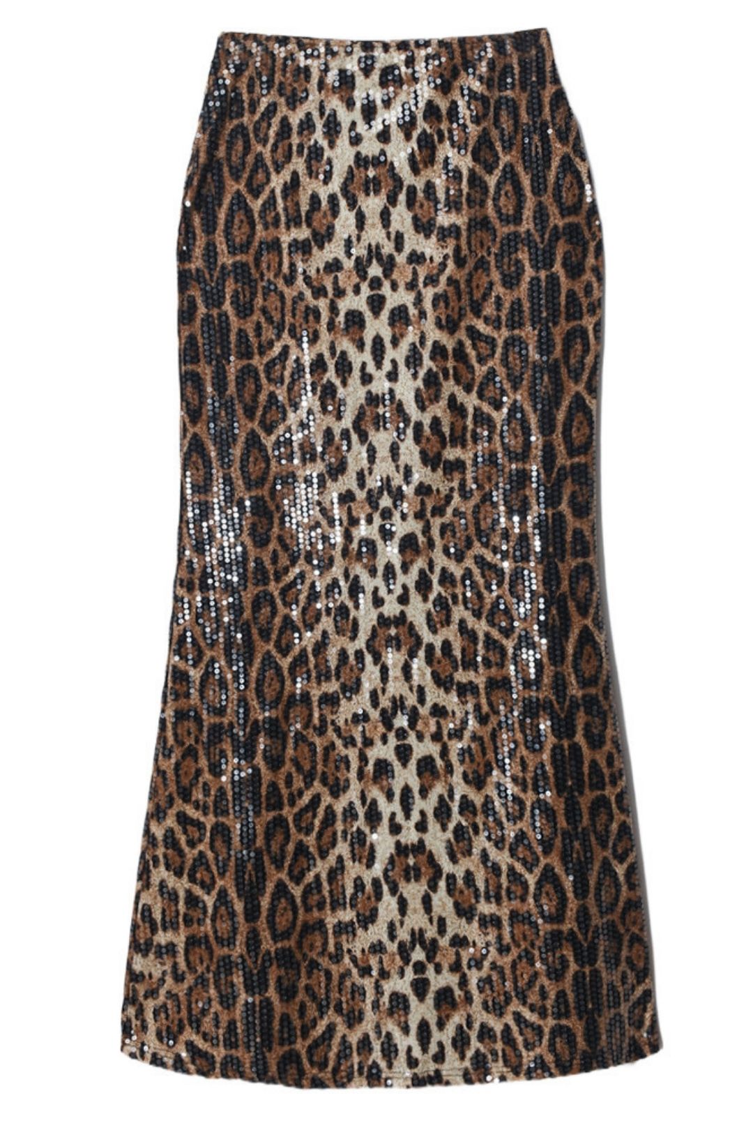 Leopard Print Sequins Stitching Double Layer Lining Elastic Skirt