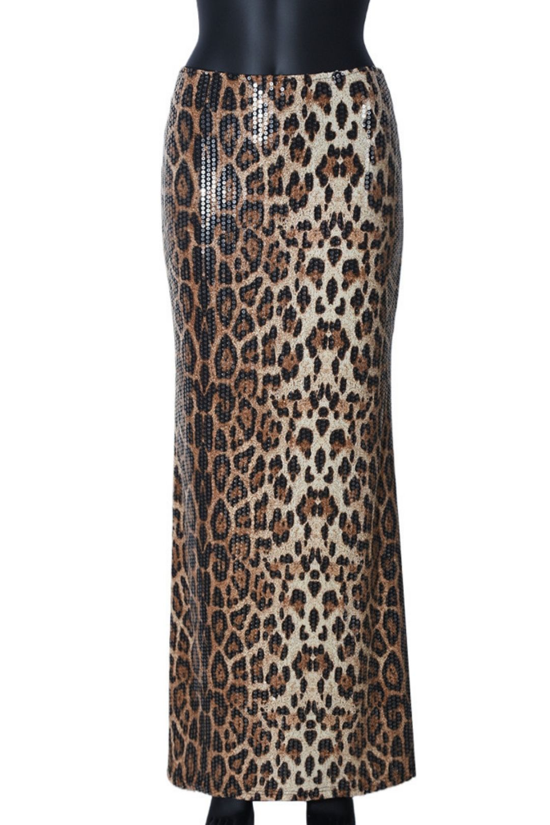 Leopard Print Sequins Stitching Double Layer Lining Elastic Skirt
