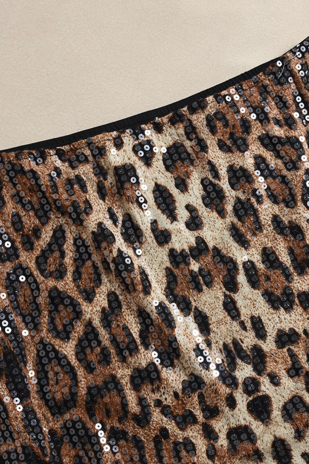 Leopard Print Sequins Stitching Double Layer Lining Elastic Skirt